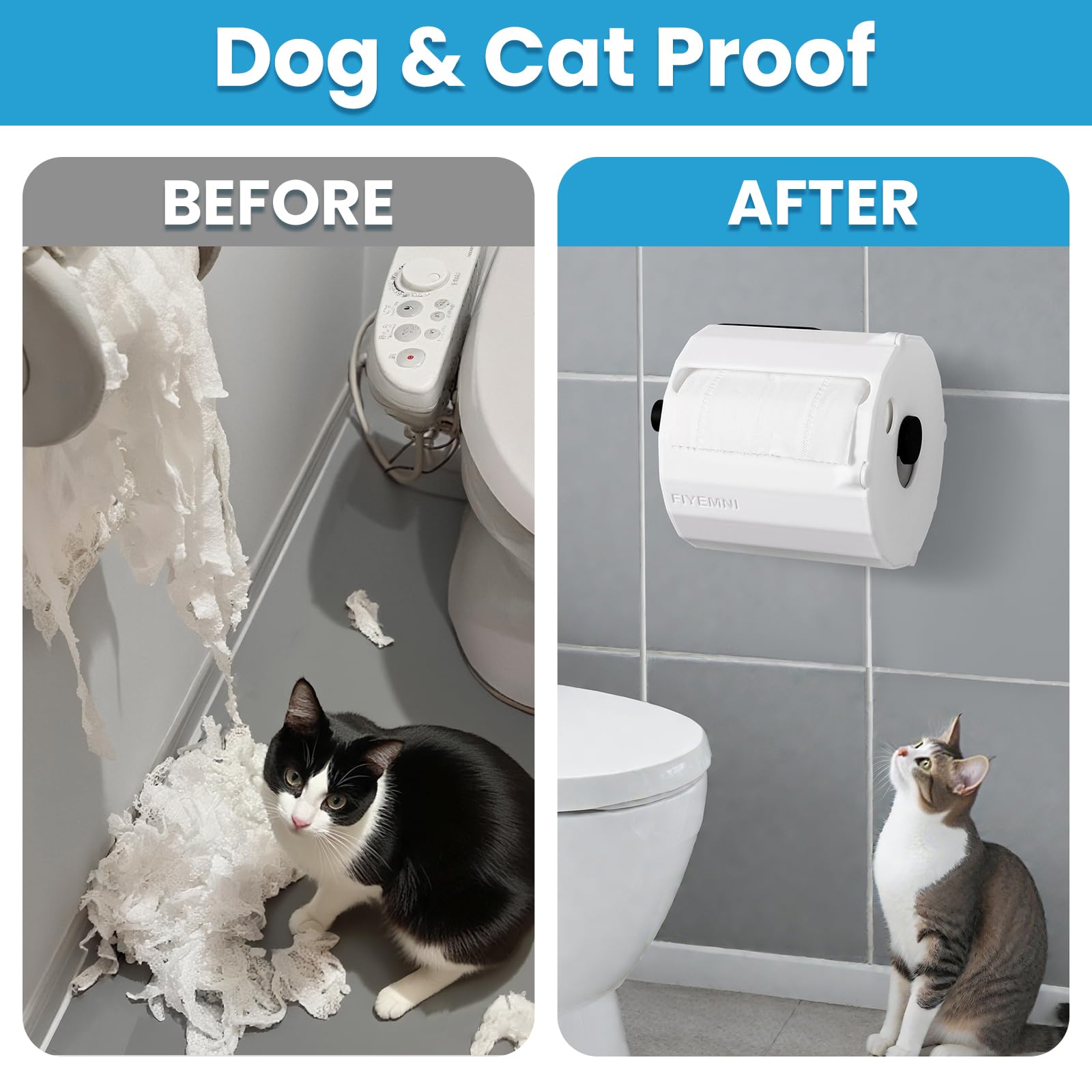 FIYEMNI toilet paper guard magnetically attaches for easy, pet-proof installation