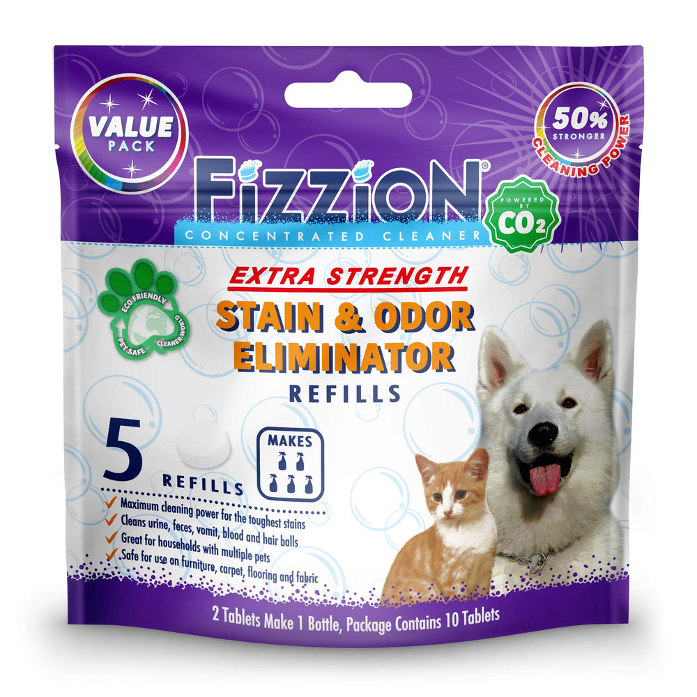Fizzion pet-stain-odor-eliminator-tablets-pack ready for five refills, concentrated cleaning power.