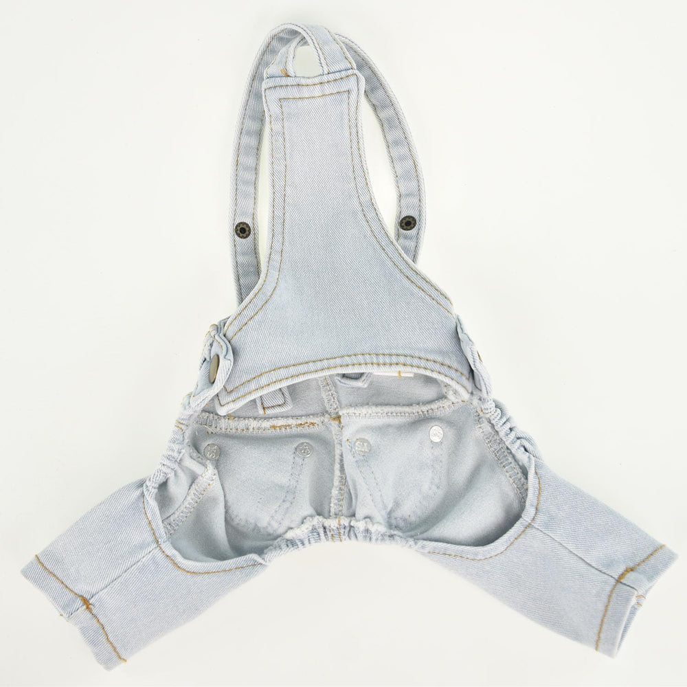 FLAdorepet dog denim jumpsuit on walk showing secure fit and ease of movement