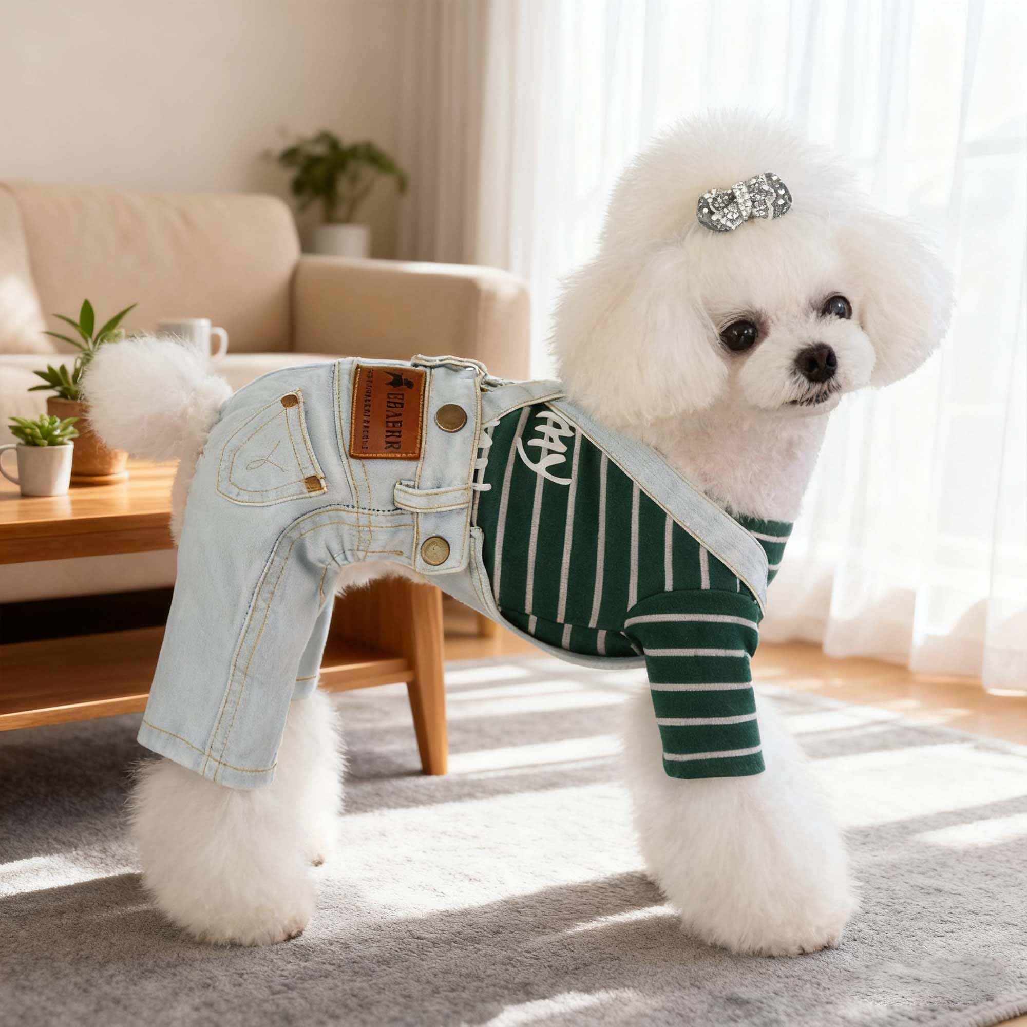 FLAdorepet dog denim jumpsuit worn on street for casual outings and photos