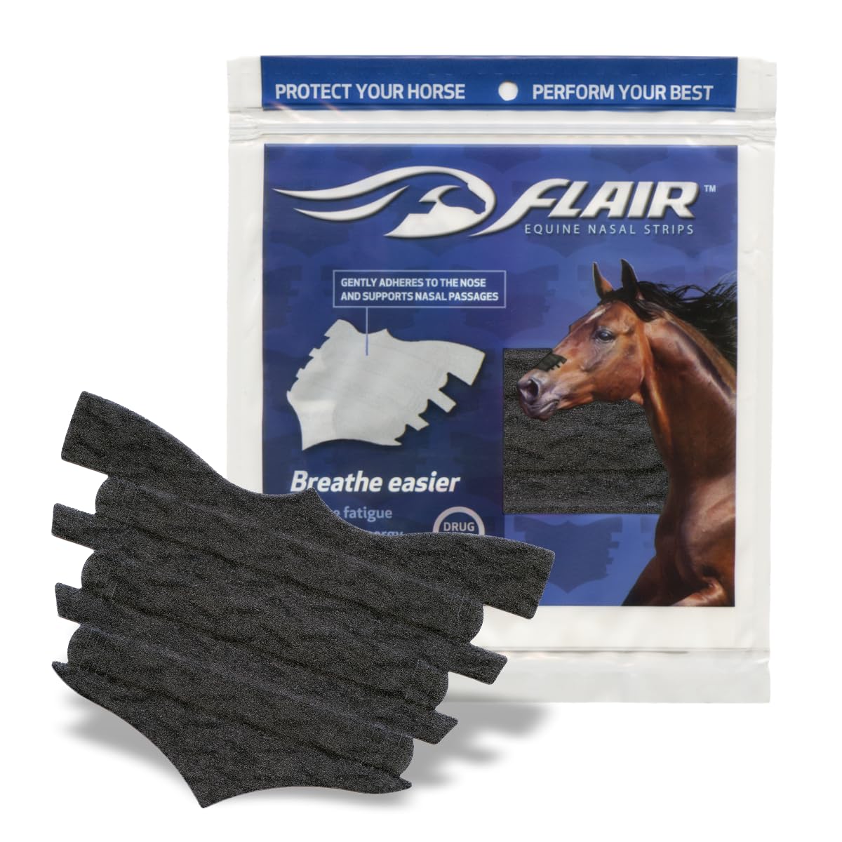 Flair Equine Nasal Strips packaging showing easy-to-use skin-safe adhesive.