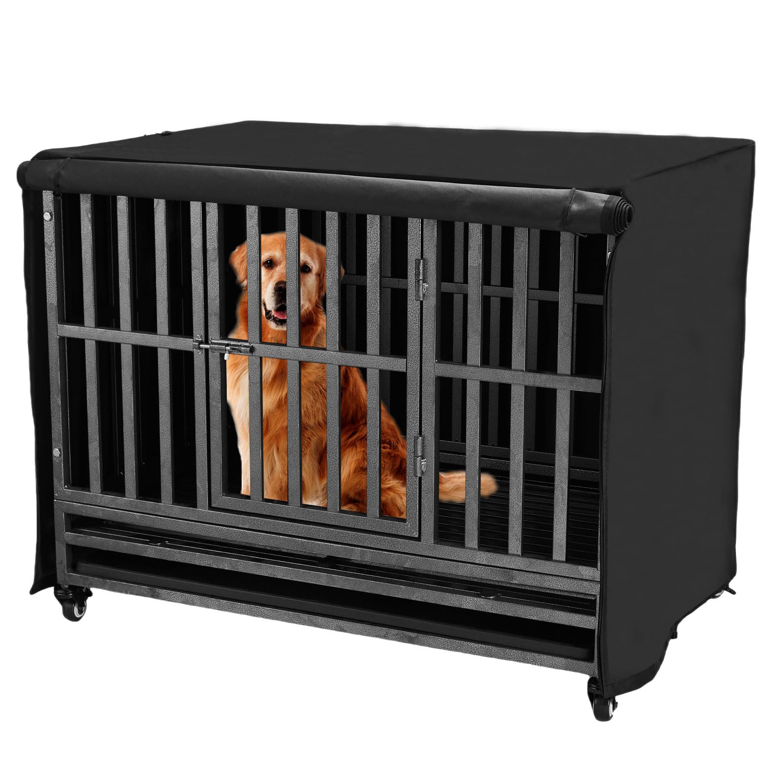 Flashine 48-inch dog crate cover front view showing snug fit.