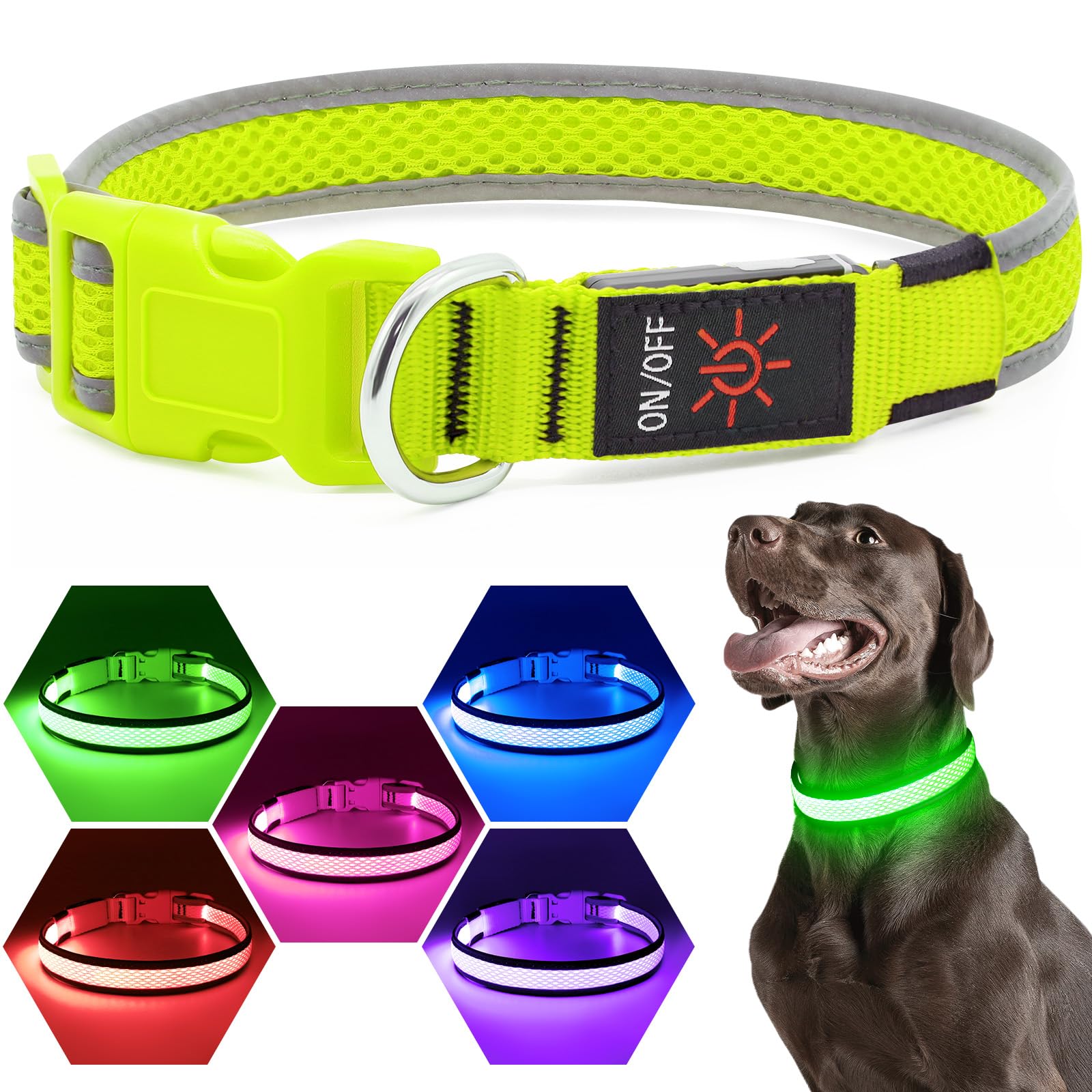 Flashseen collar LED con carga USB, sin baterías necesarias.