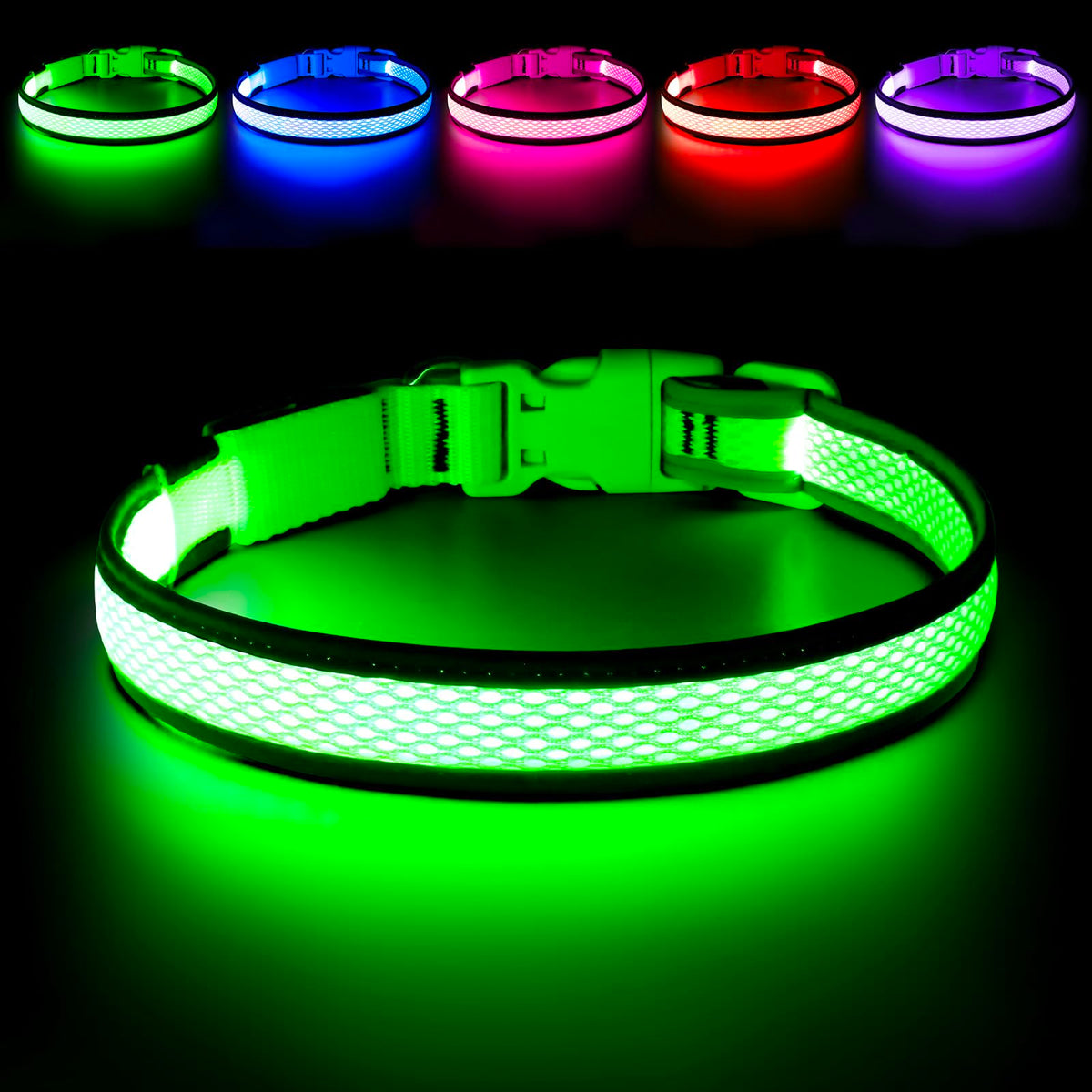 Flashseen collar LED para perro encendido, mejor visibilidad en paseos nocturnos.