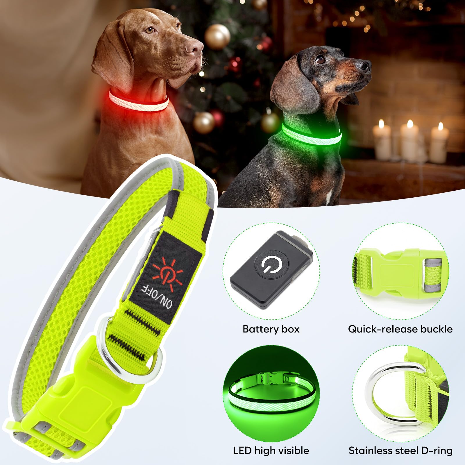 Flashseen-led-dog-collar-lightweight-breathable-nylon emphasizes comfort and durability.