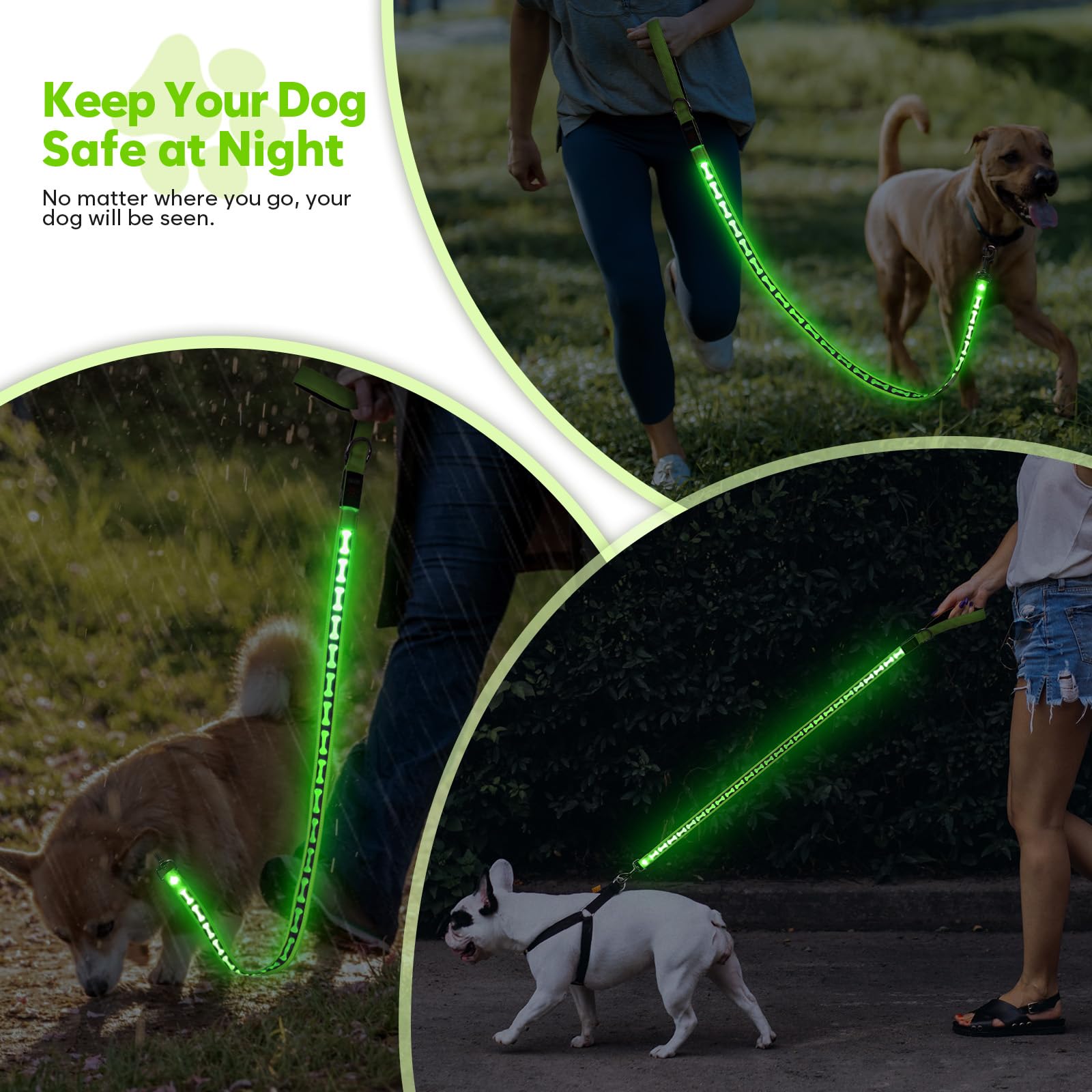 Flashseen green night-walk leash for safe evening outings