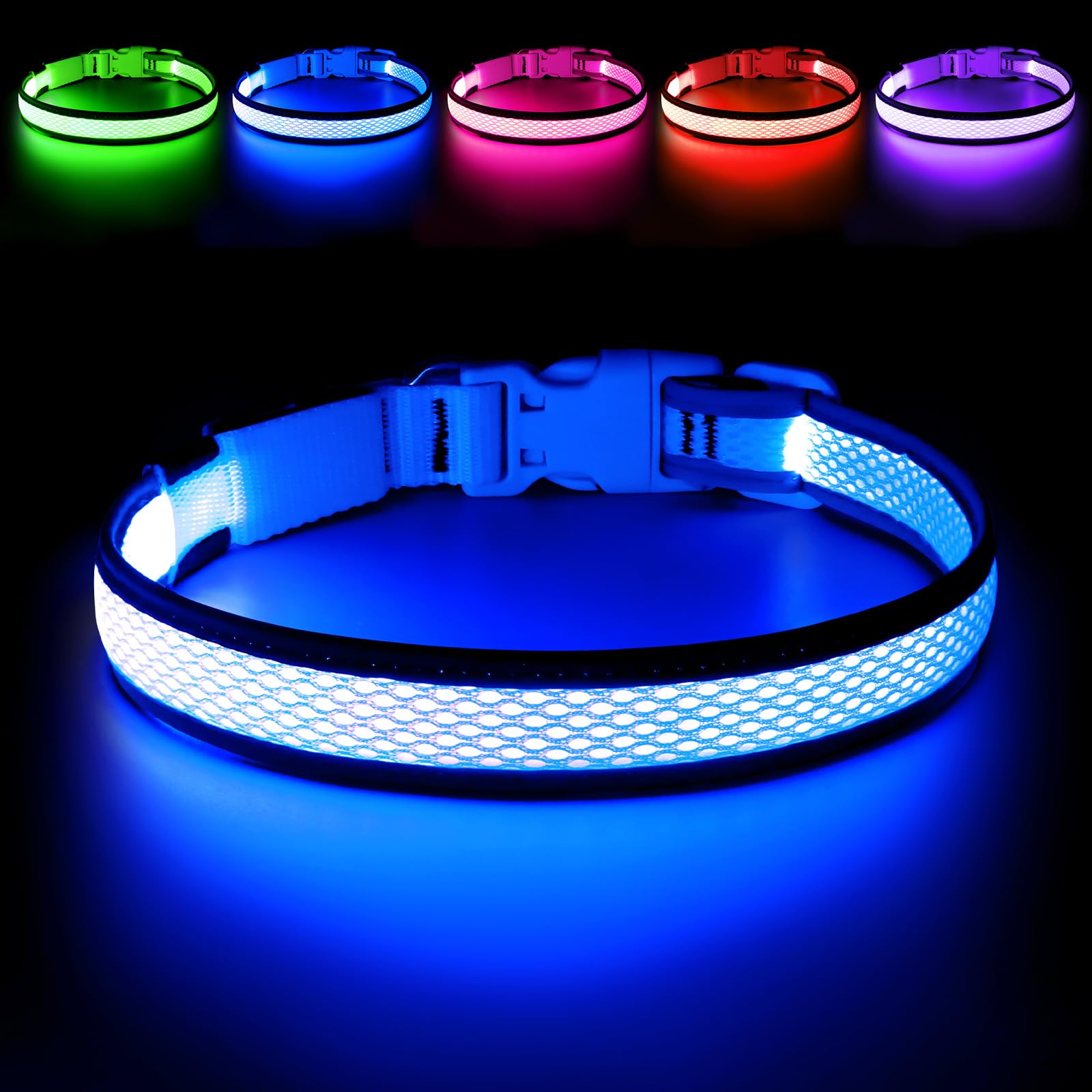 Flashseen LED dog collar front view with royal blue glow for night visibility.