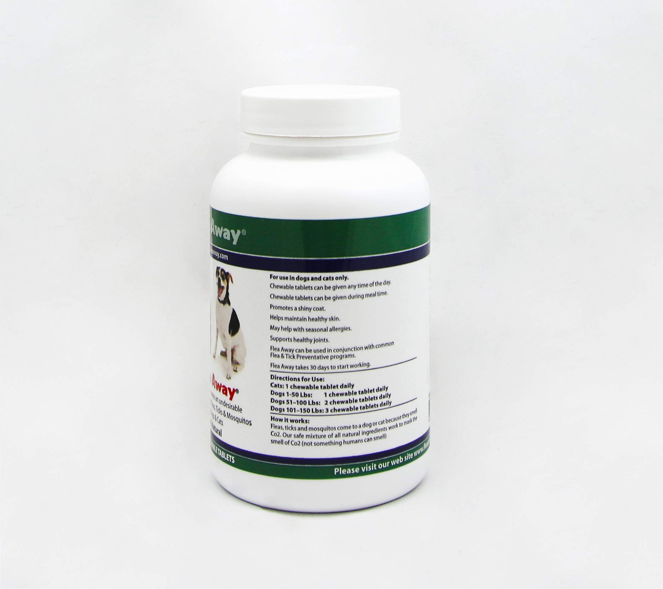 Flea Away bottle packaging highlighting USA-made, pesticide-free pest prevention for pets.