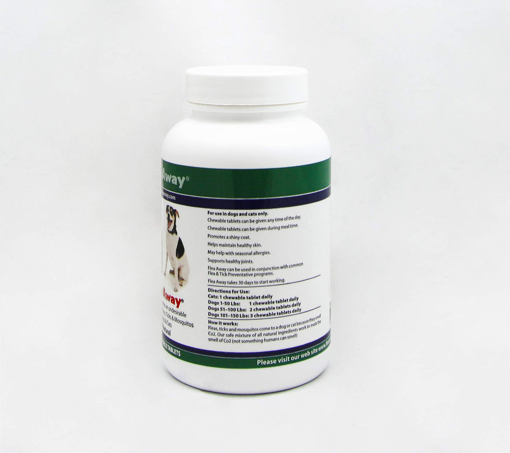 Flea Away bottle packaging highlighting USA-made, pesticide-free pest prevention for pets.