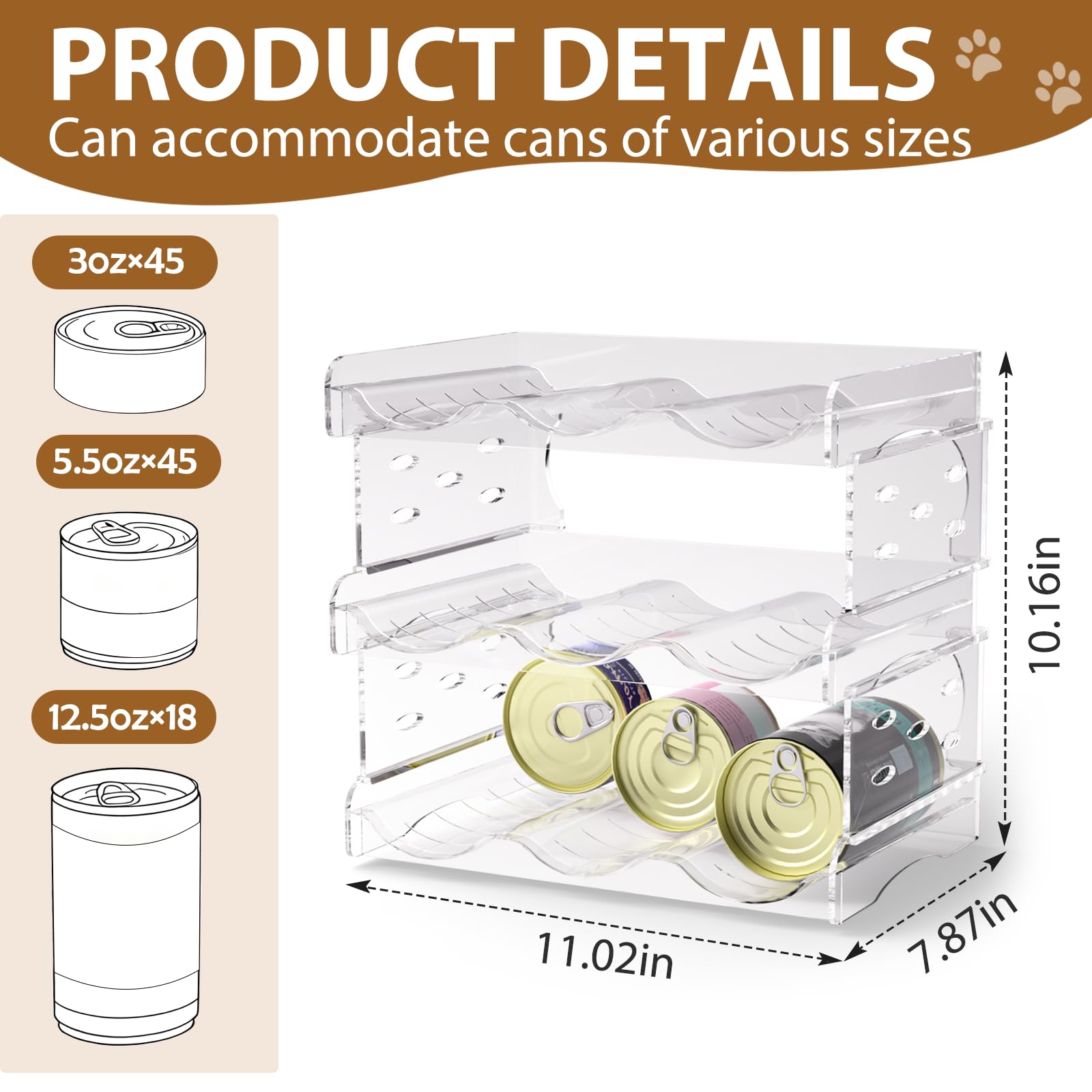 Flenpptly cat can organizer capacity view shows 3oz to 12oz compatibility.