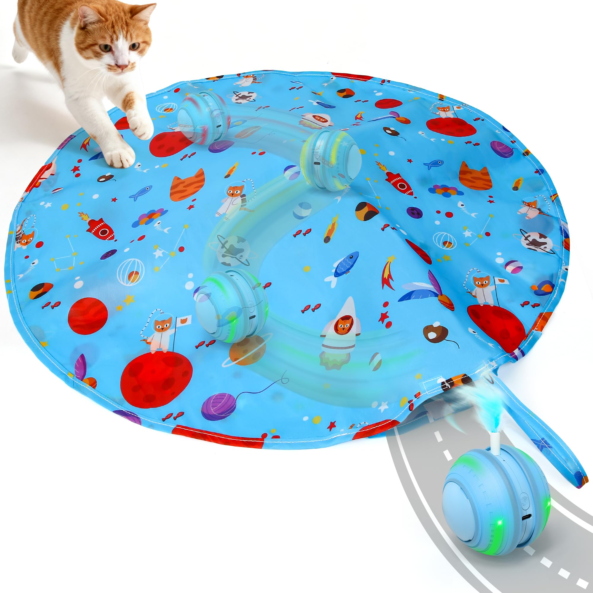 FLERDMAU interactive cat toy blue ball showing moving prey for focused play and exercise.