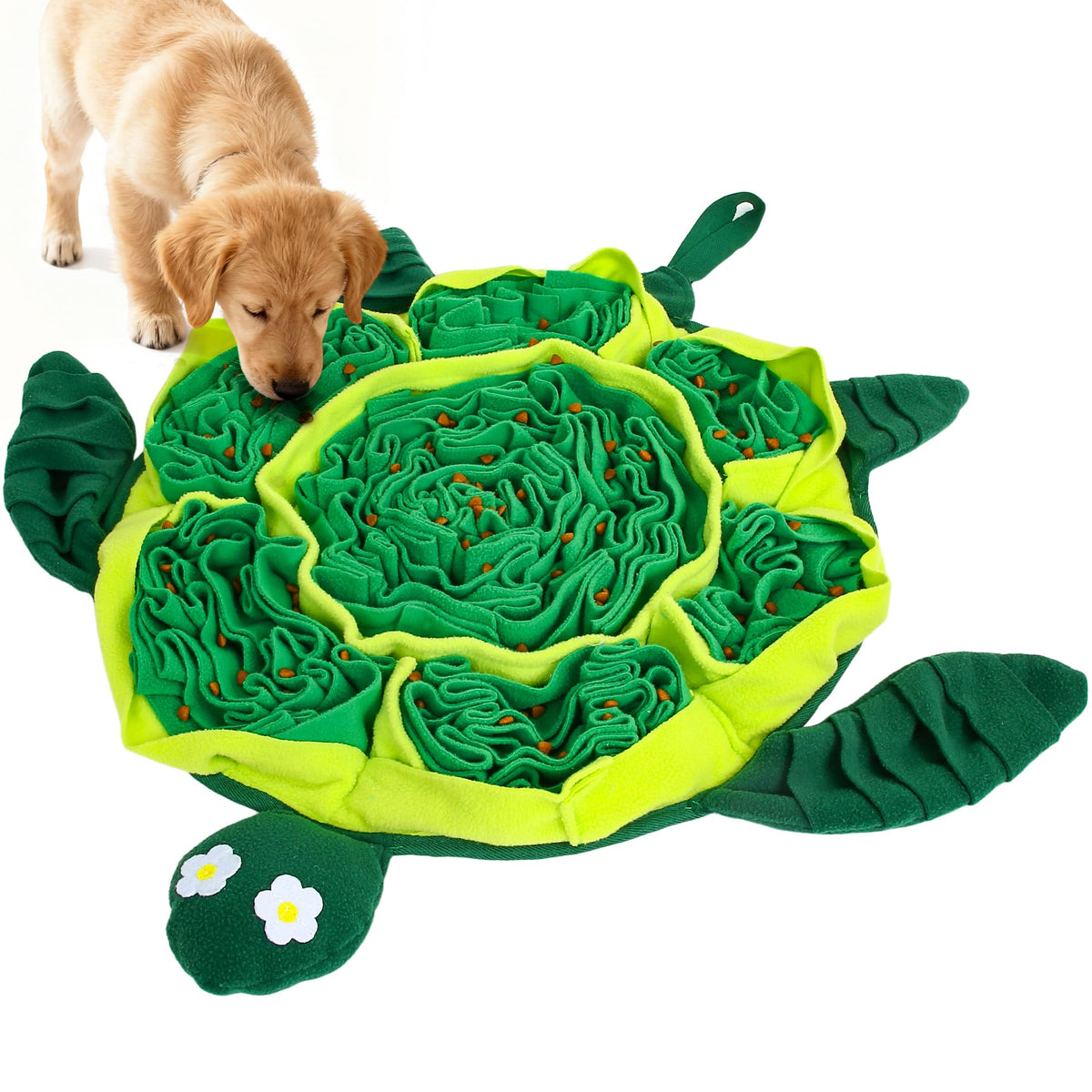 FLERDMAU Snuffle Mat dog turtle-design closeup highlights engaging texture for boosting foraging and scent skills.