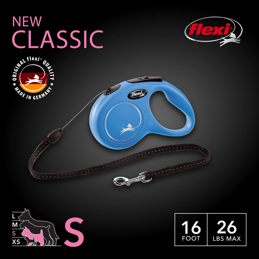 FLEXI New Classic blue leash handle close-up showing one-handed brake and lock.