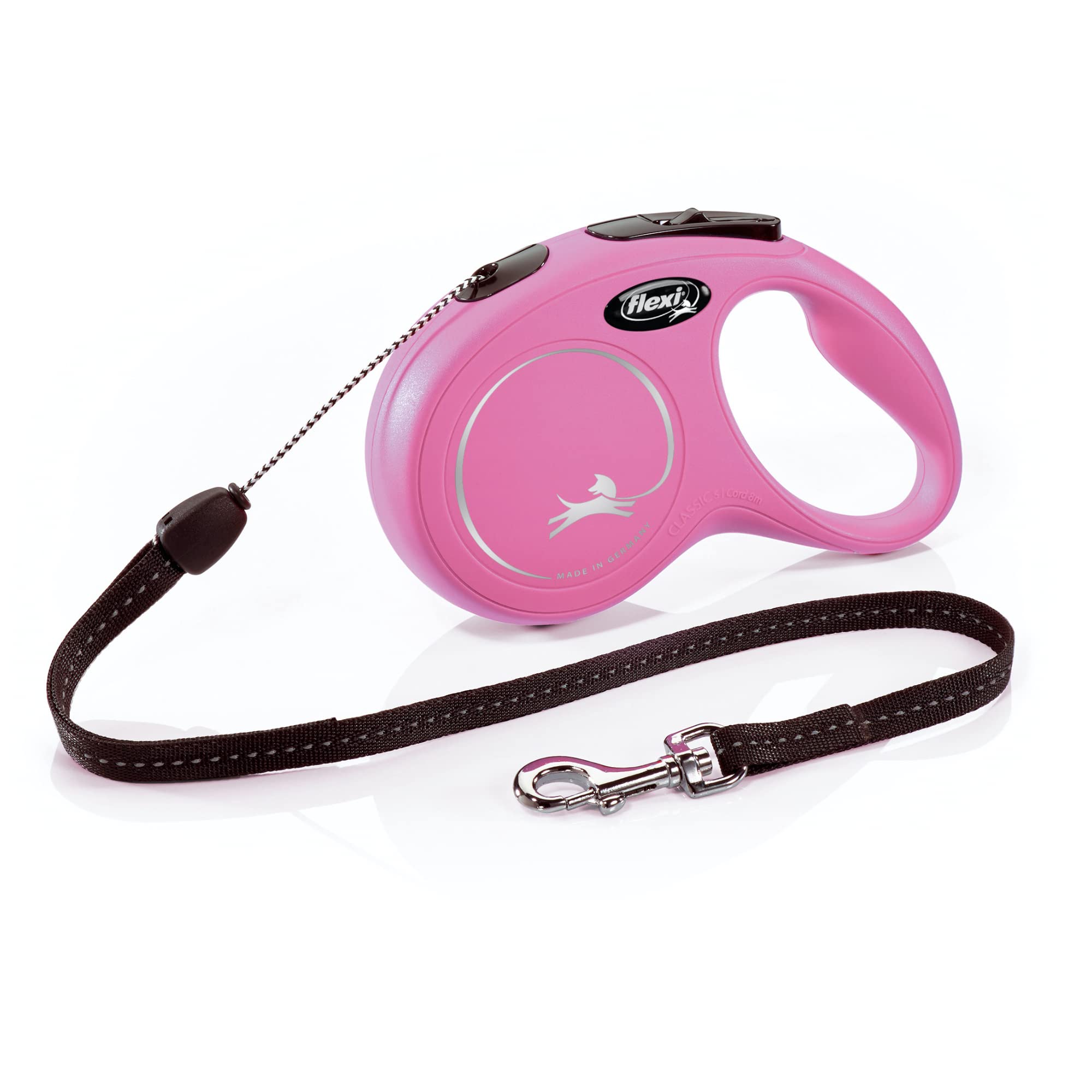 Flexi New Classic cord leash pink 16ft extended view highlighting long reach for relaxed walks