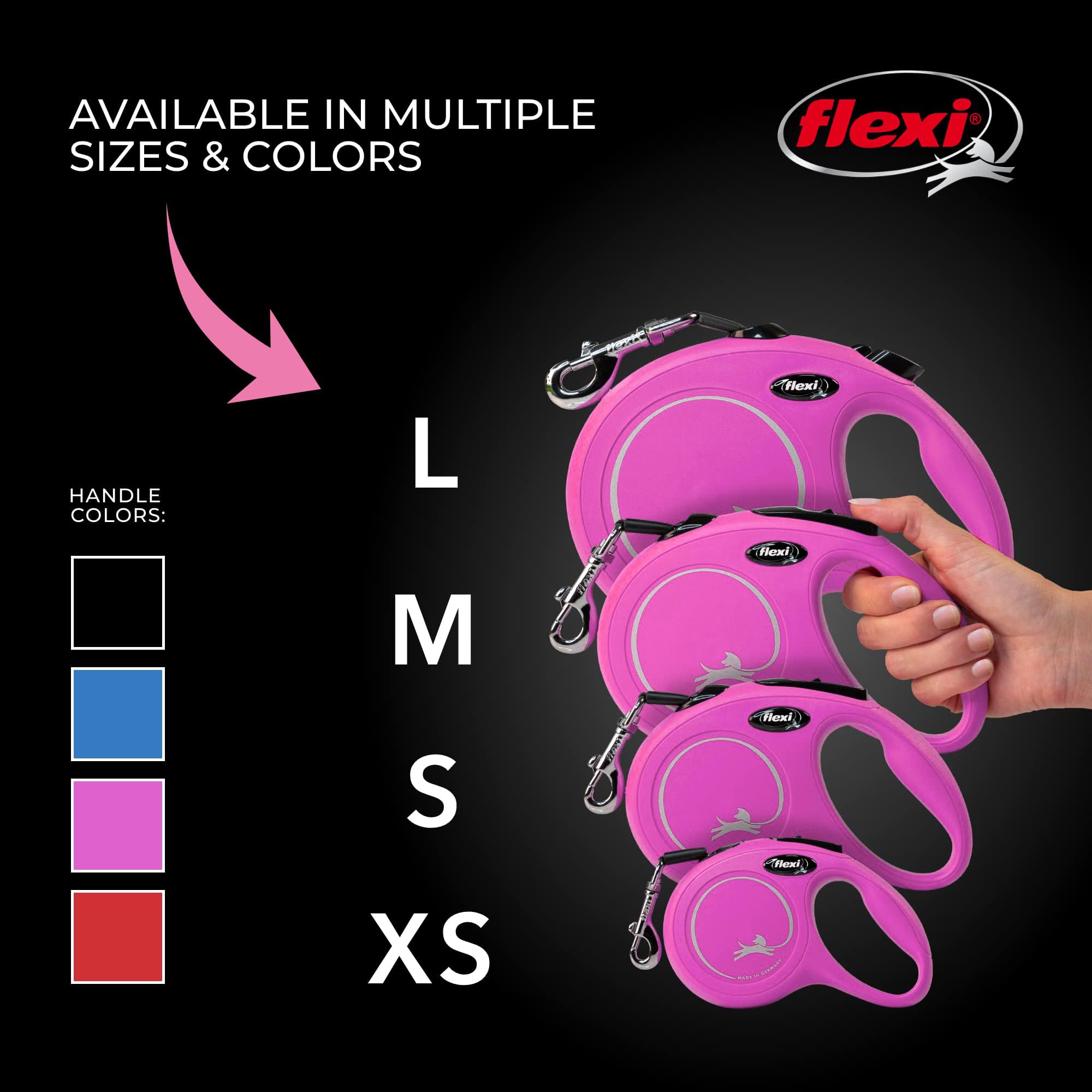 Flexi New Classic pink leash showing 360-cord guidance for smooth extension