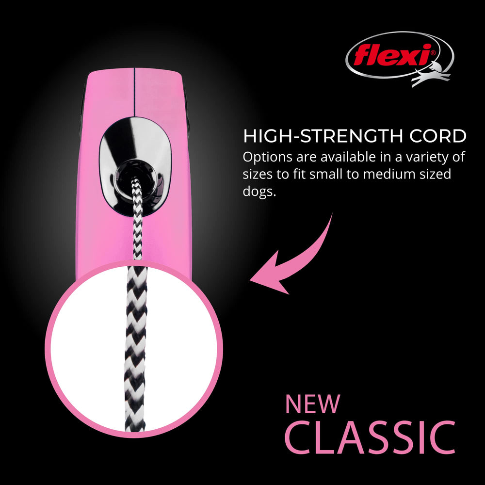 Flexi New Classic pink leash in a dog-walking scene emphasizing tangle-free design