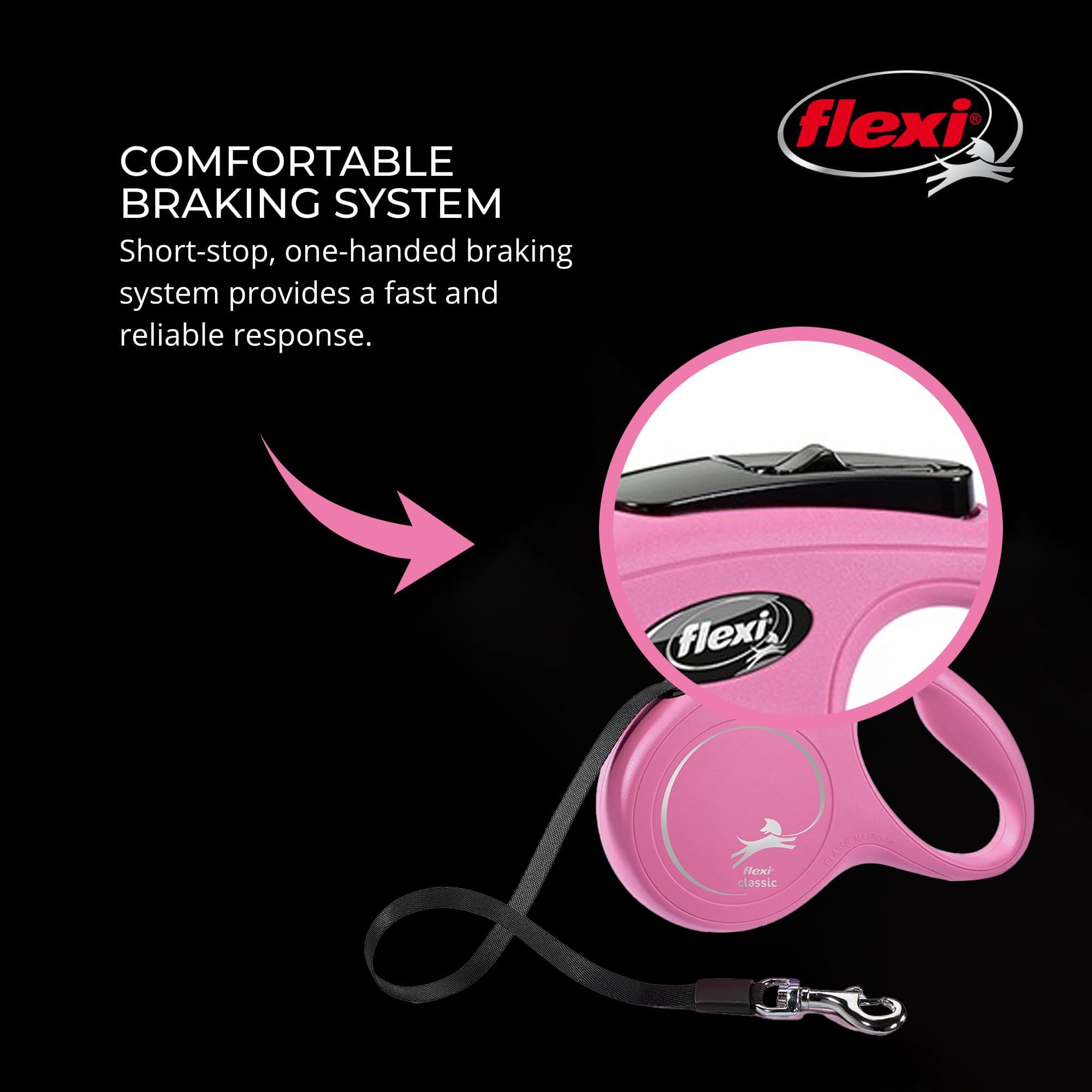 Flexi New Classic pink leash closeup cord detail shows high-strength fiber