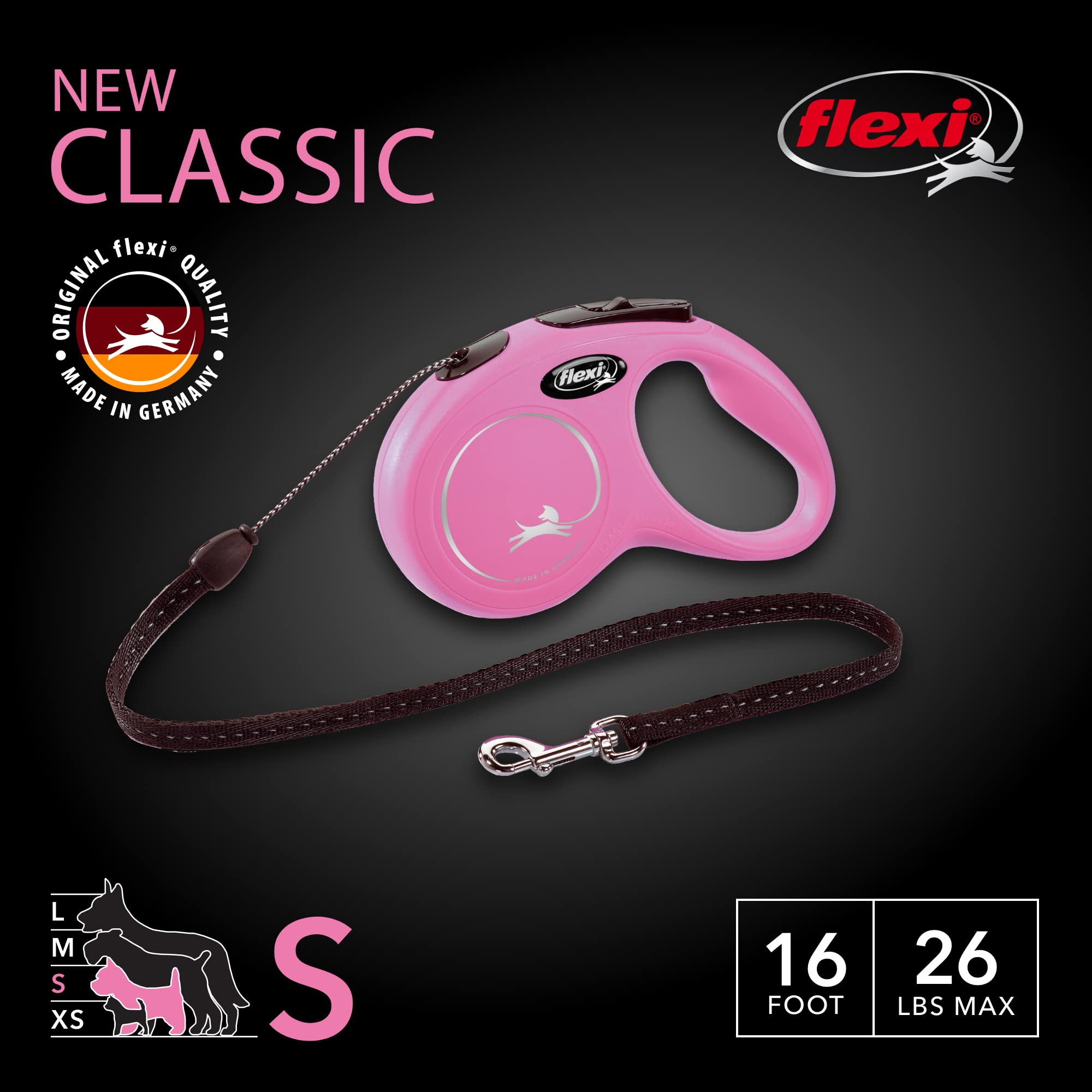 Flexi New Classic pink leash with one-handed brake for easy control