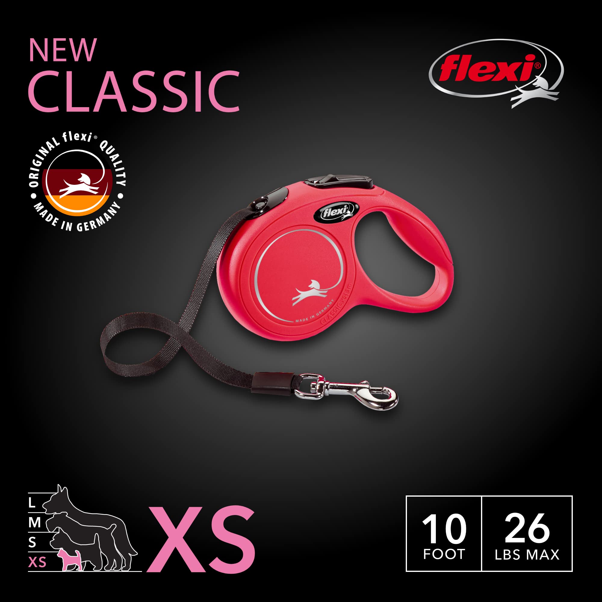 FLEXI New Classic tape leash red ergonomic handle designed for comfortable one-handed operation.