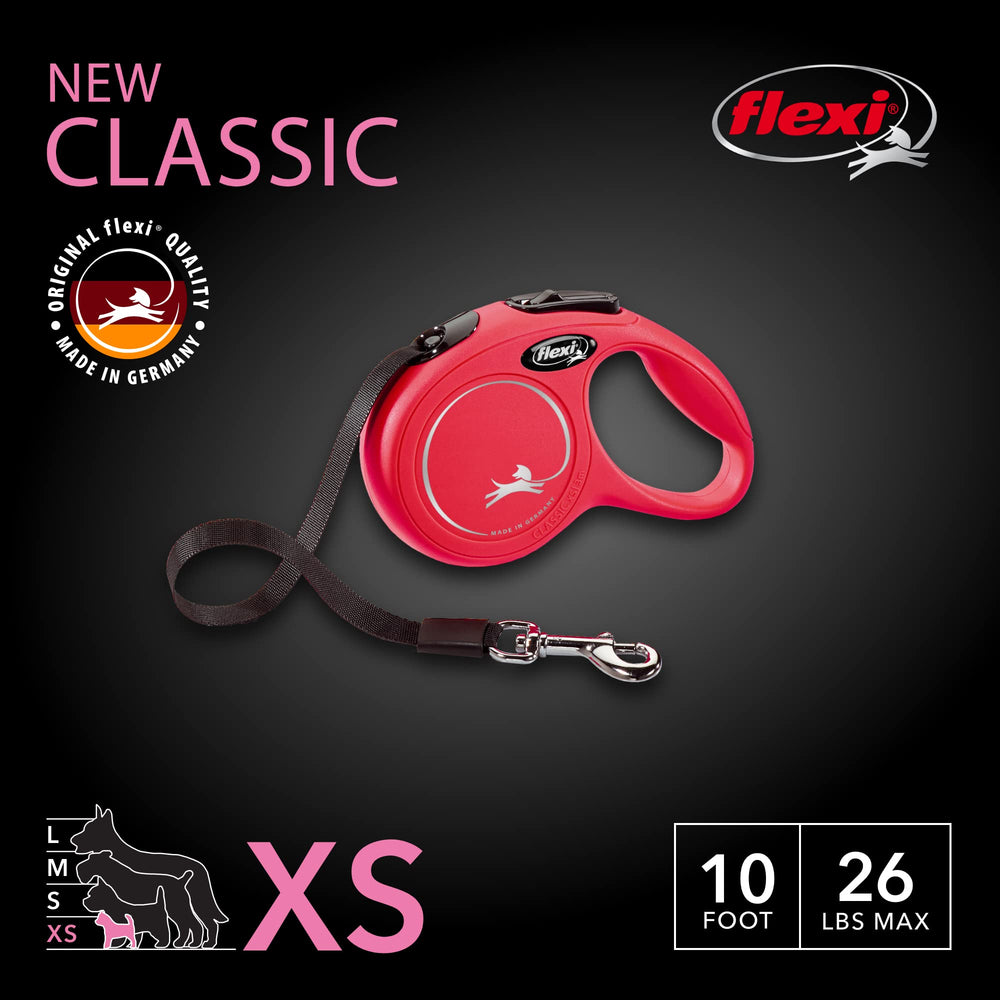 FLEXI New Classic tape leash red ergonomic handle designed for comfortable one-handed operation.