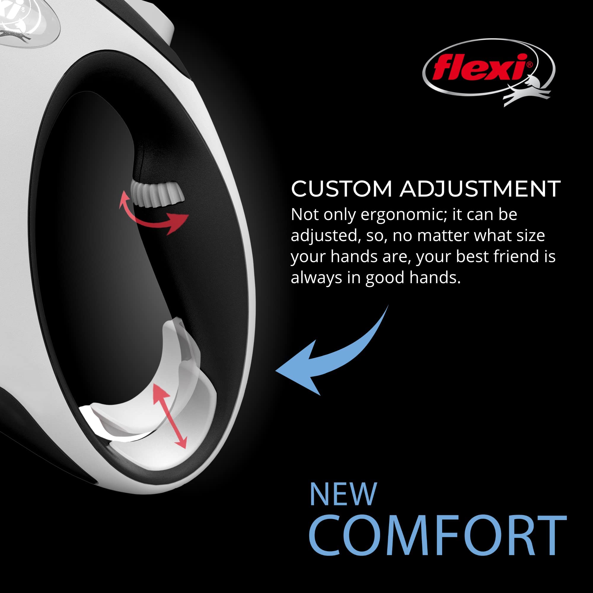 FLEXI New Comfort brake system close-up highlights secure, smooth stopping for confident walks.