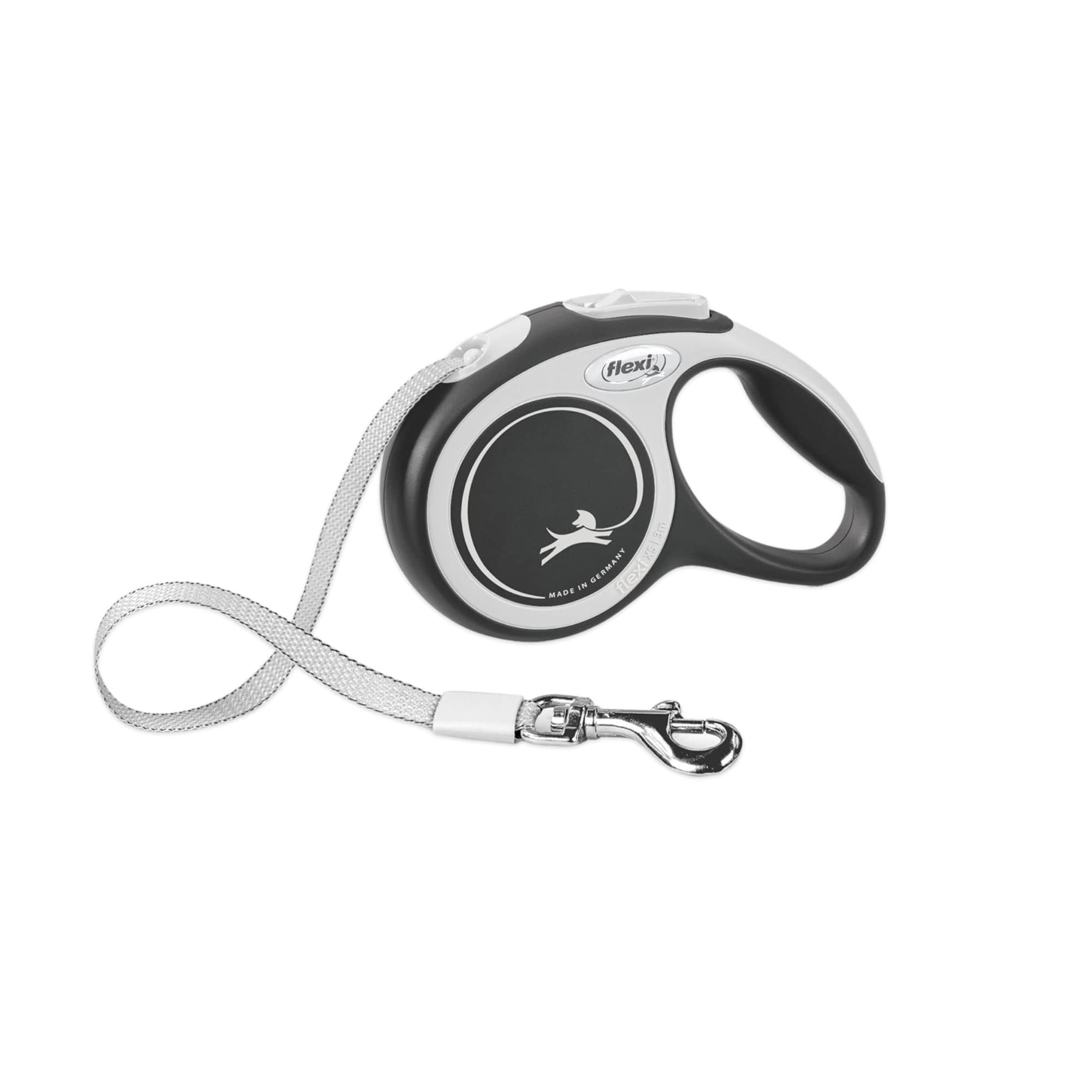 FLEXI New Comfort Tape Leash 26ft grey demonstrates smooth retractable extension for large dogs