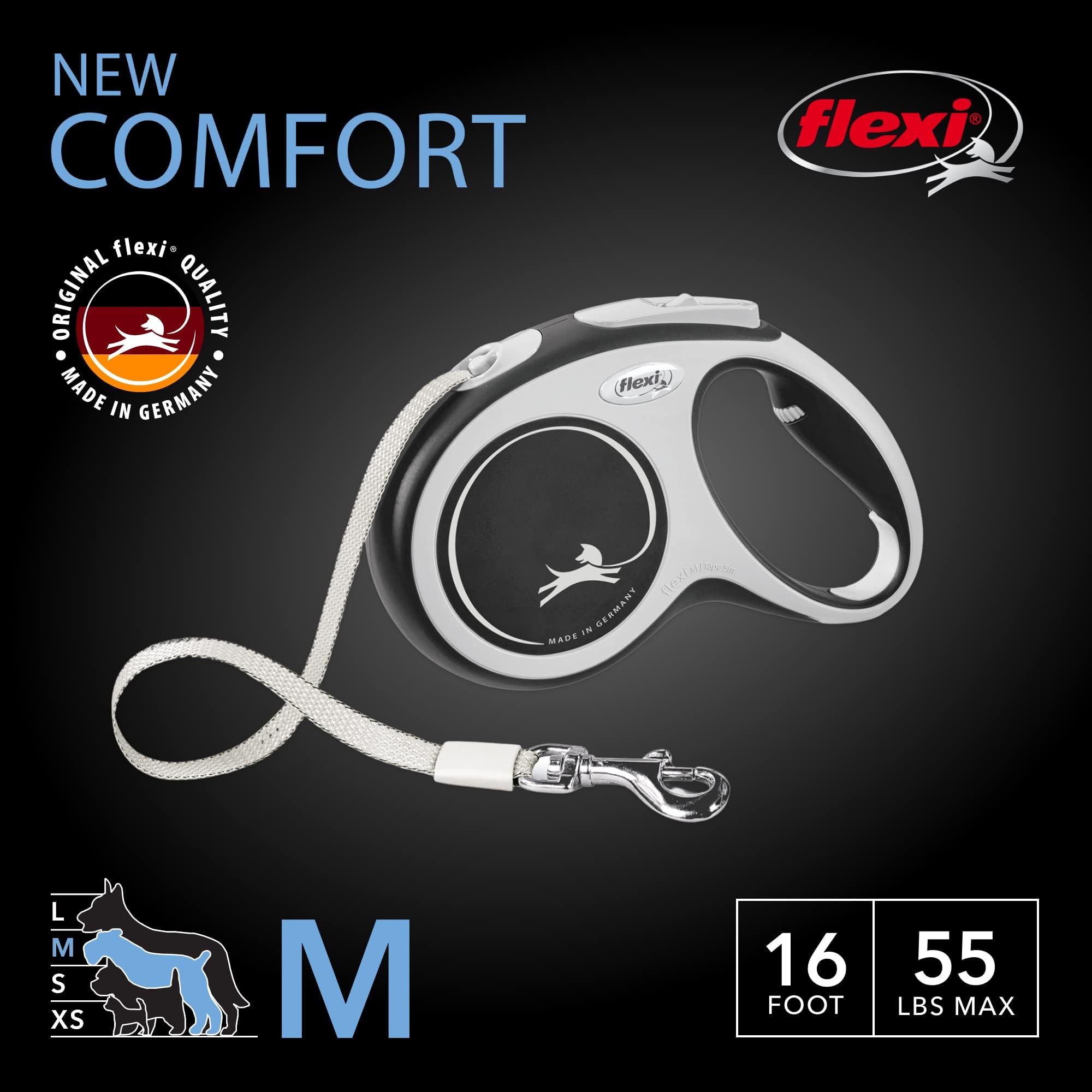 FLEXI New Comfort Tape Leash one-handed brake design provides quick, controlled stops