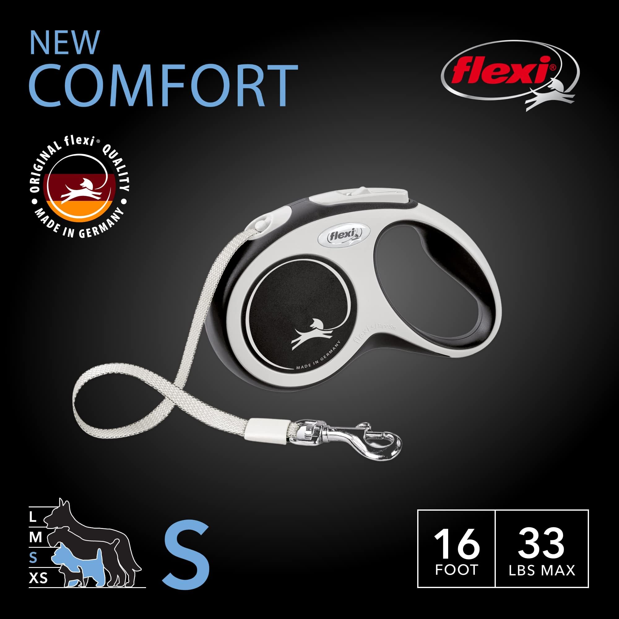 FLEXI New Comfort tape retracted in grey enables single-handed control.