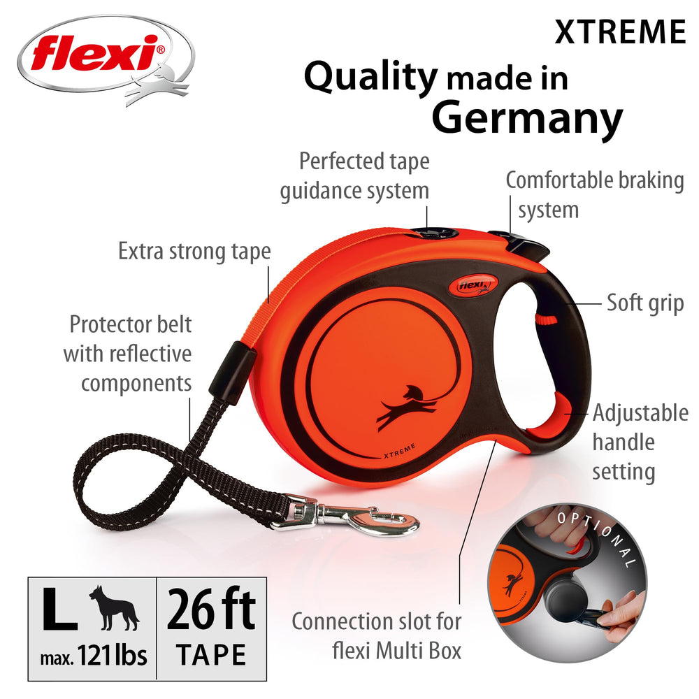 FLEXI Xtreme tape leash 26ft orange-black in action during a park walk with a big dog