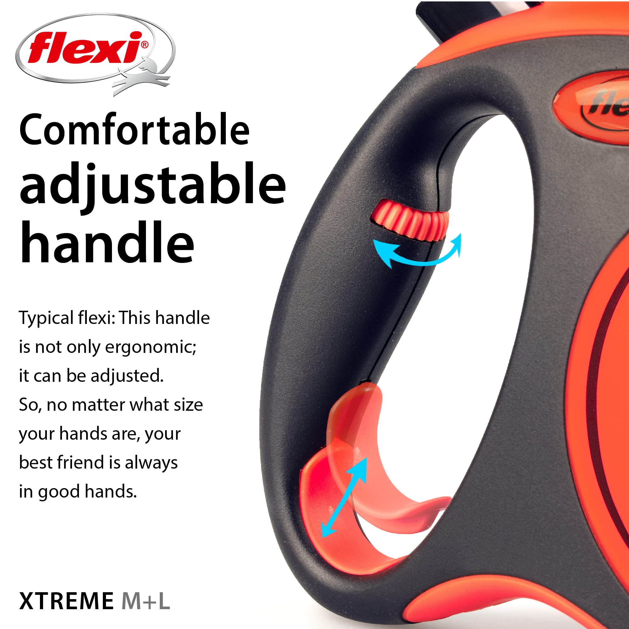 FLEXI Xtreme tape leash ergonomic handle supports long, comfortable walks