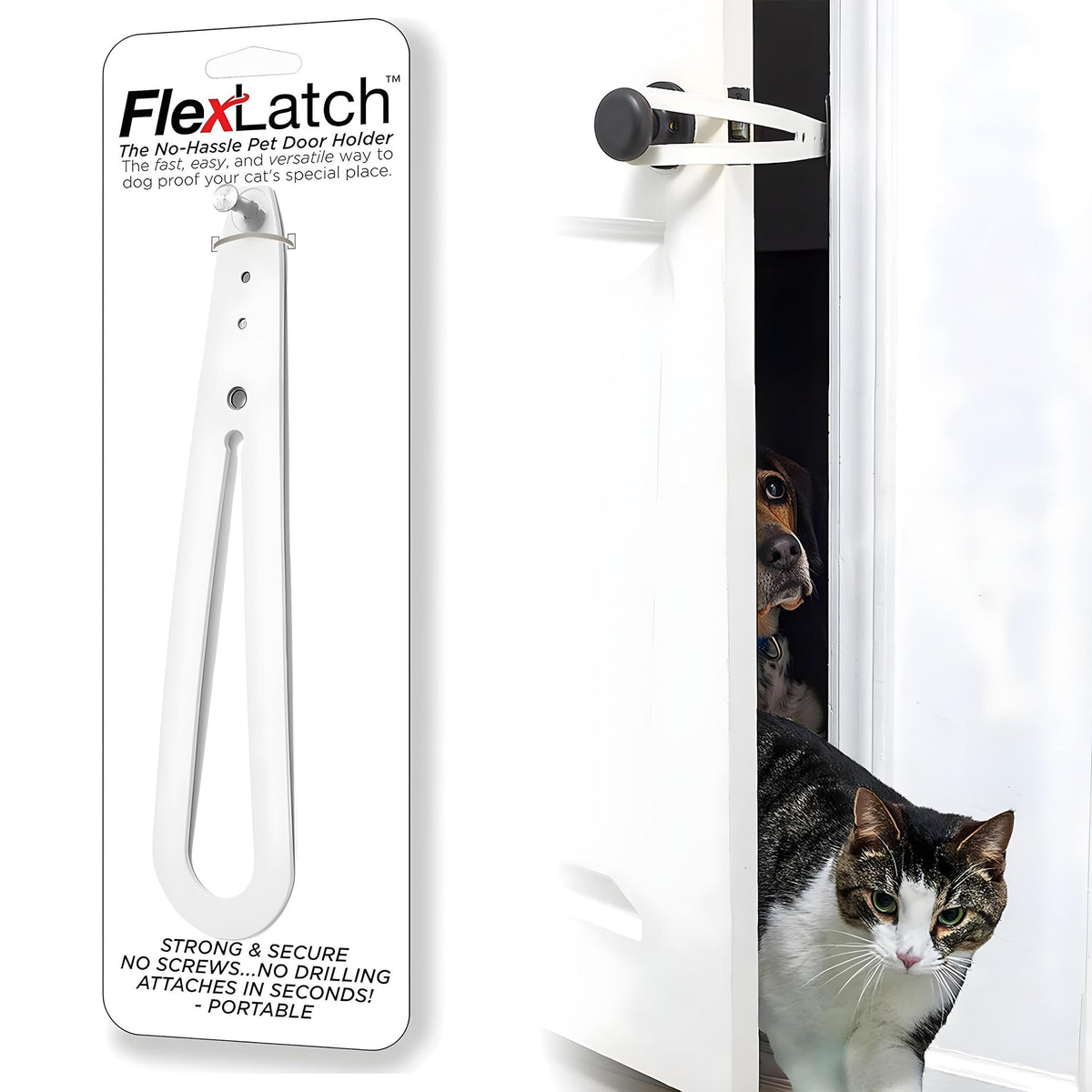 FlexLatch cat door holder on front view shows bright white finish and compact, simple design.