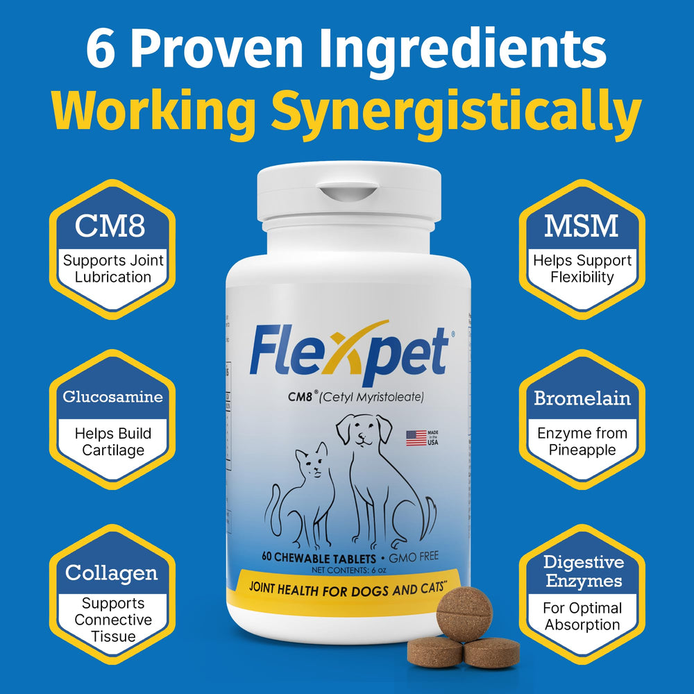 FlexPet ingredients blend with glucosamine, collagen, MSM for cartilage and tissue support.