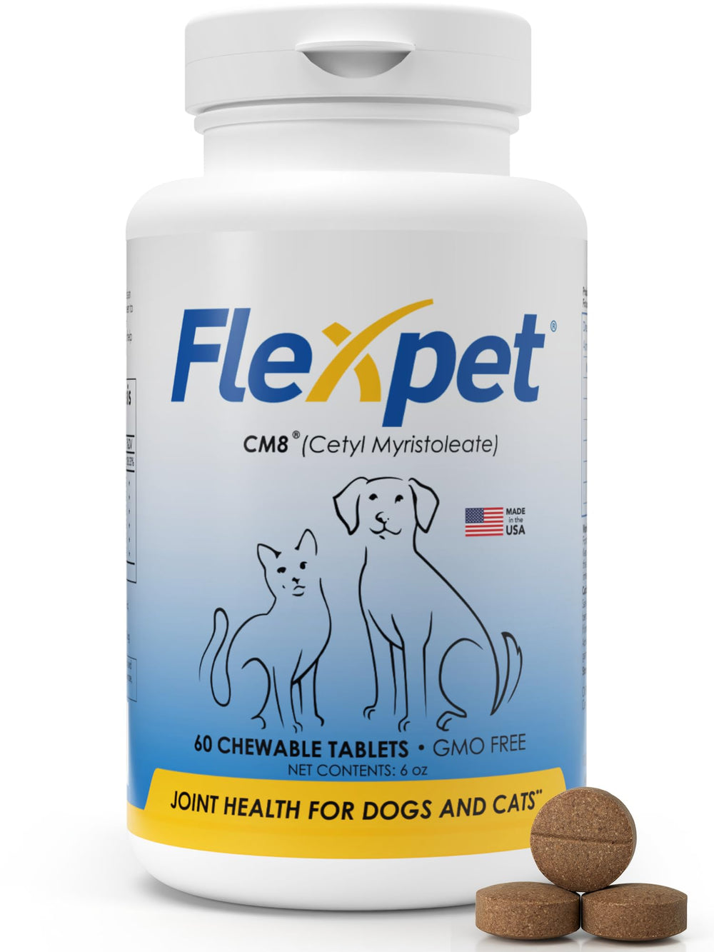FlexPet hip joint supplement bottle for dogs and cats promoting mobility.