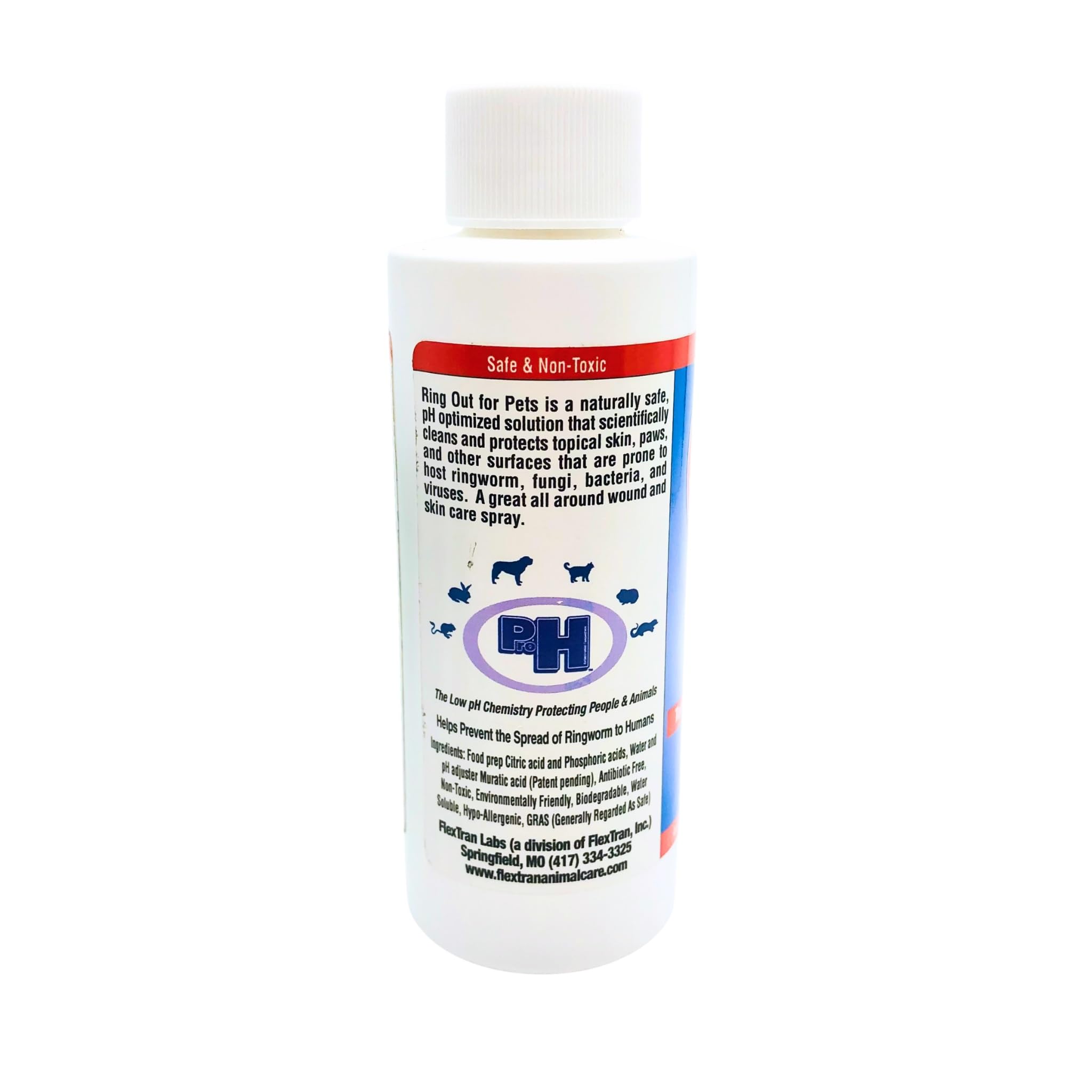 FlexTran Ring Out for Pets spray alleviates itching on a cat skin.