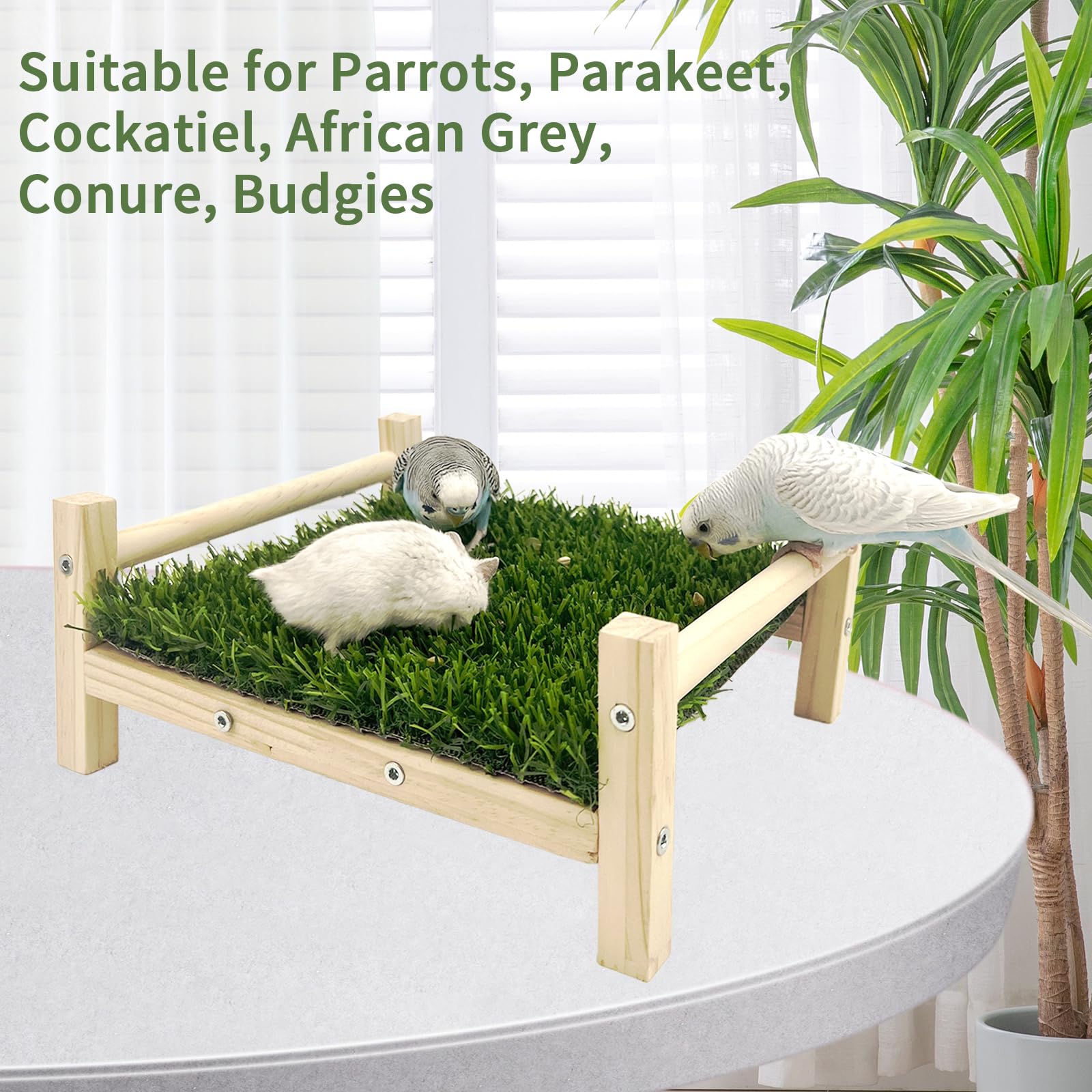FlidRunest bird perch platform in natural wood with grass surface supports foraging exploration.