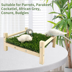 FlidRunest bird perch platform in natural wood with grass surface supports foraging exploration.