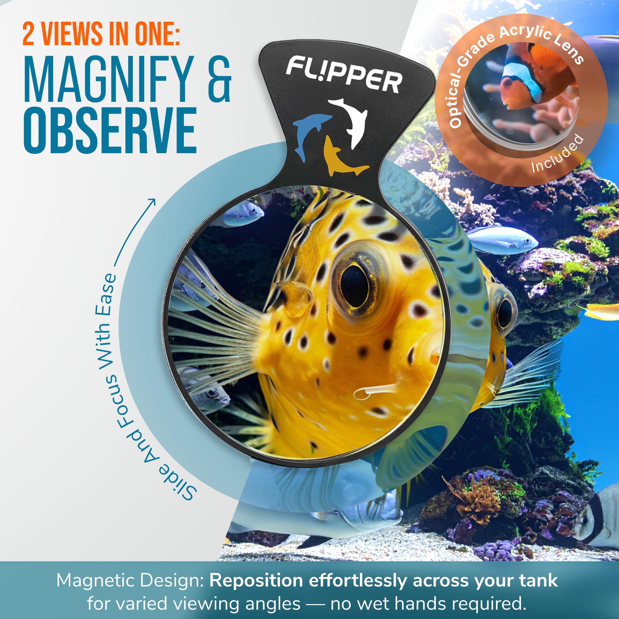 FL!PPER DeepSee Nano 3 durable-magnetic-engineering enables long-lasting reef-tank viewing.