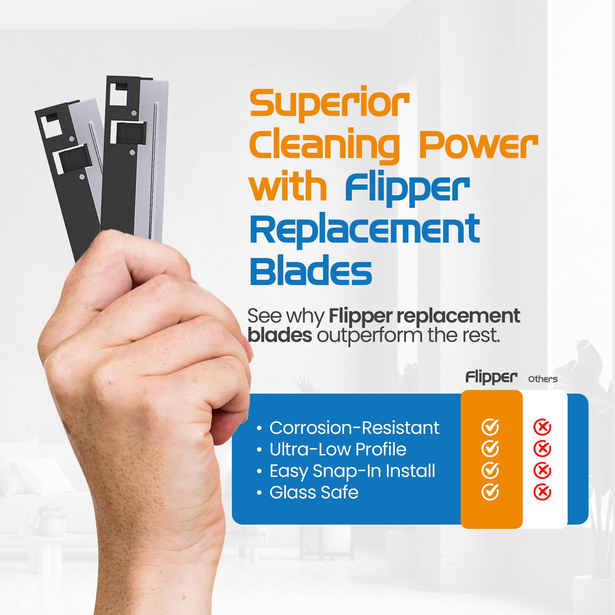 FL!PPER scraper blade angled view demonstrates reach into corner areas