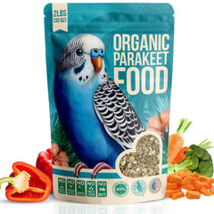 Flocksentials 80% Organic Parakeet Food bag closeup highlighting premium seed blend for healthier meals.