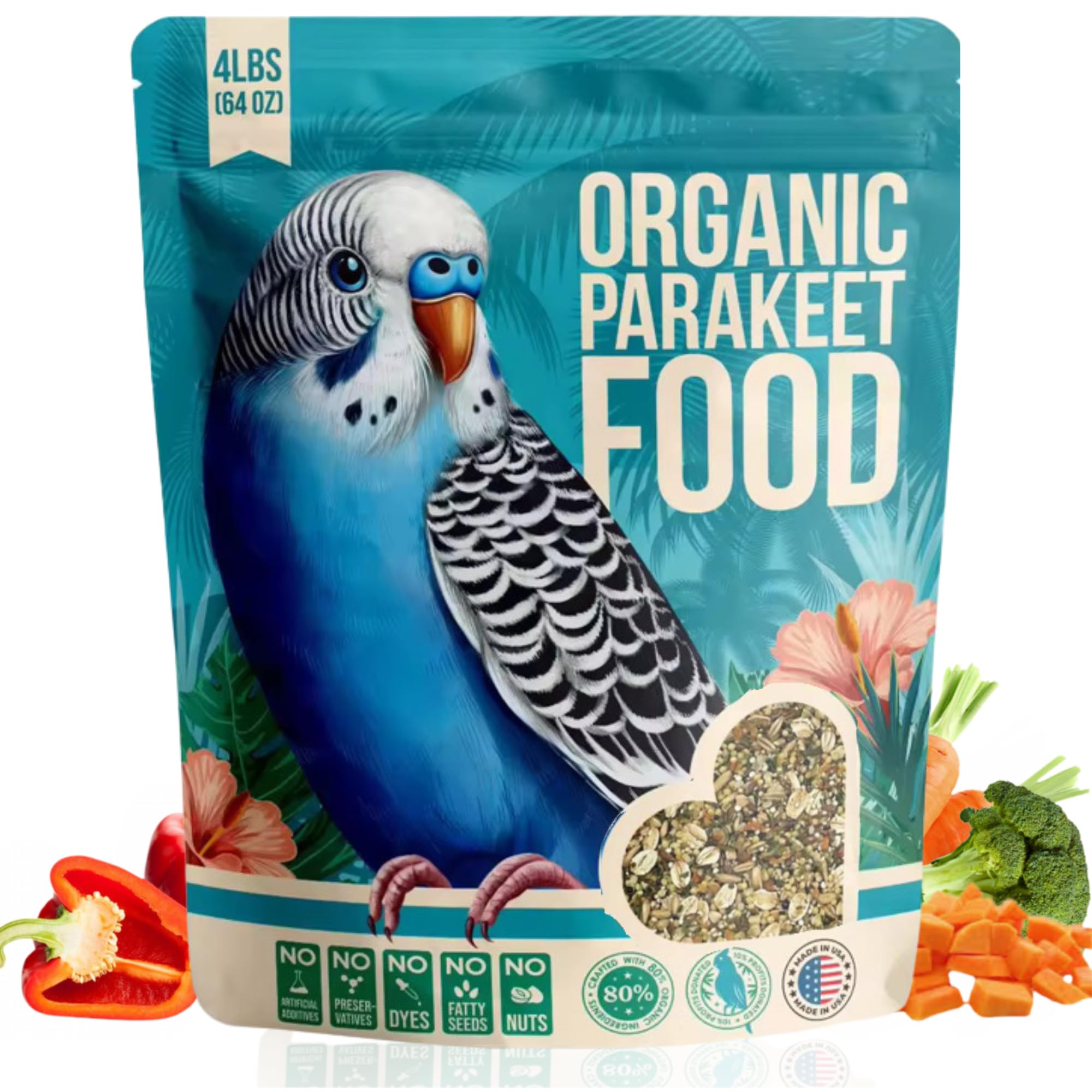 Flocksentials 80% Organic Parakeet Food bag front view, premium seed mix for healthier birds.