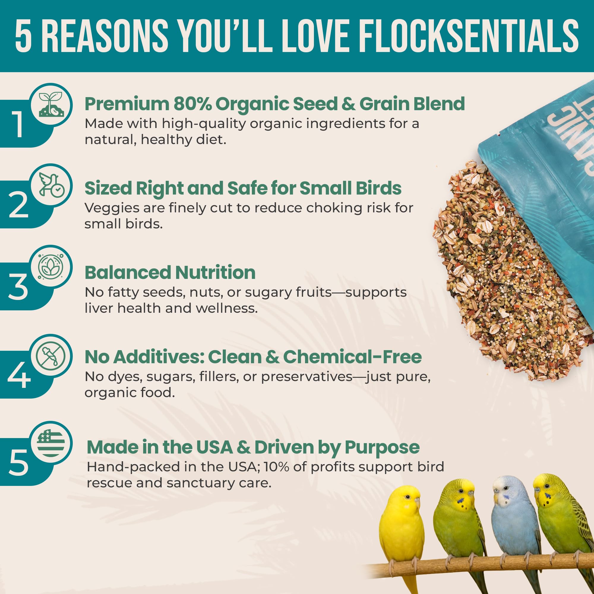 Flocksentials parakeet food image with dehydrated veggies showing choke-safe, bite-sized freshness.