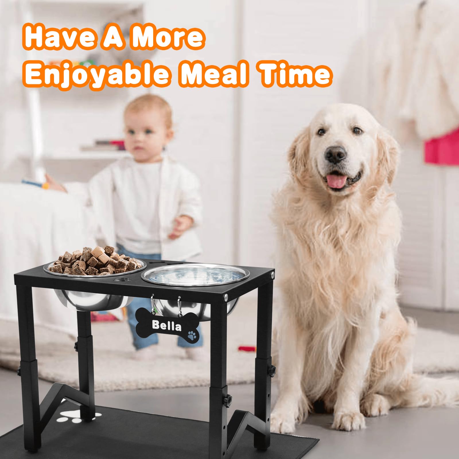 Flodomix dog using elevated bowls for comfortable feeding.