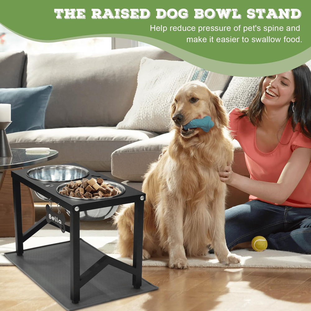 Flodomix elevated dog bowls bone name tag customization option adds a personal touch.