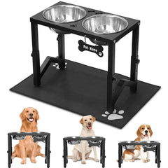Flodomix elevated bowls stand shows three height settings for growing dogs' comfort.