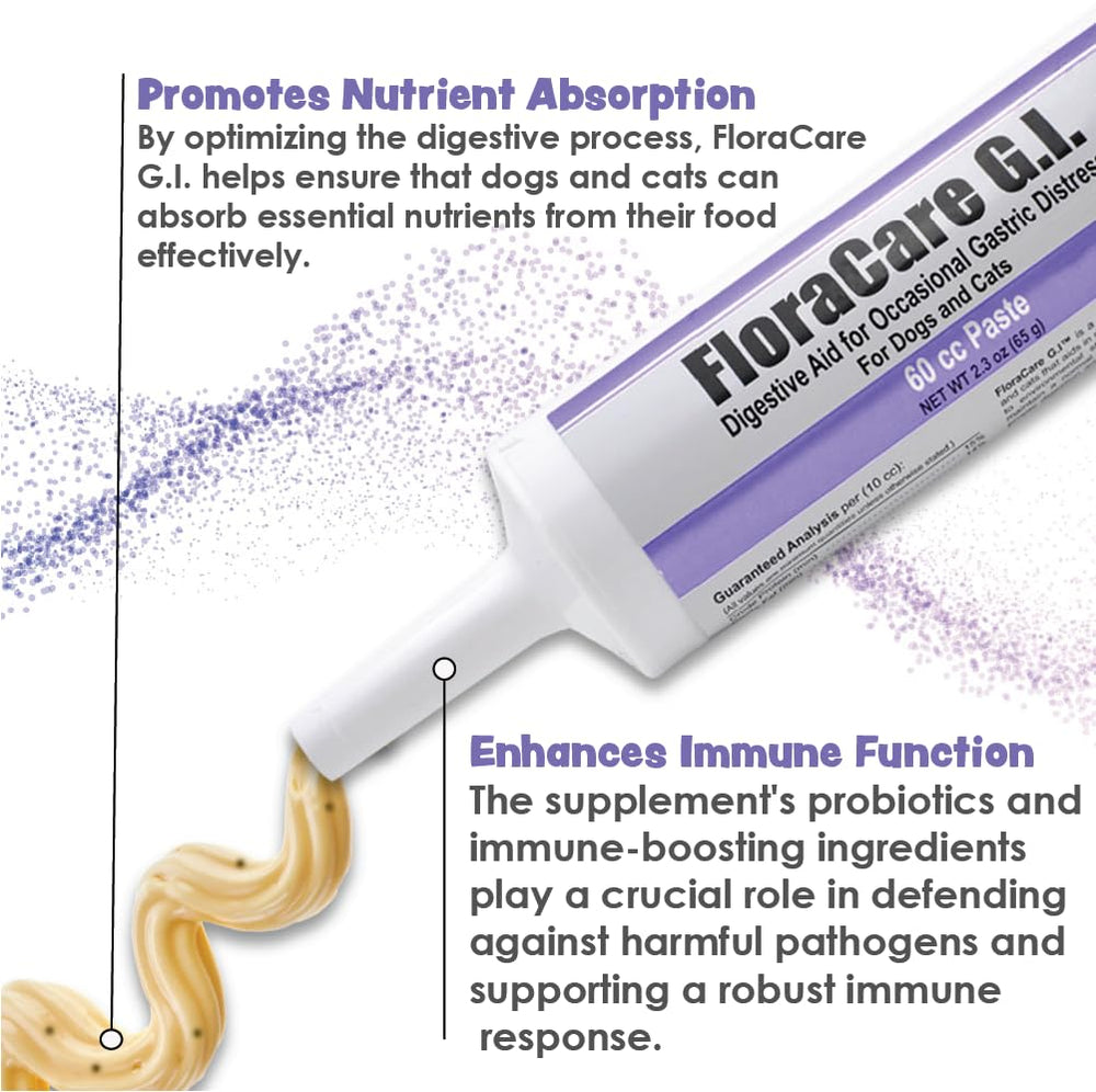 Pet Health Solutions FloraCare G.I. paste ingredients panel shows beneficial microbes.
