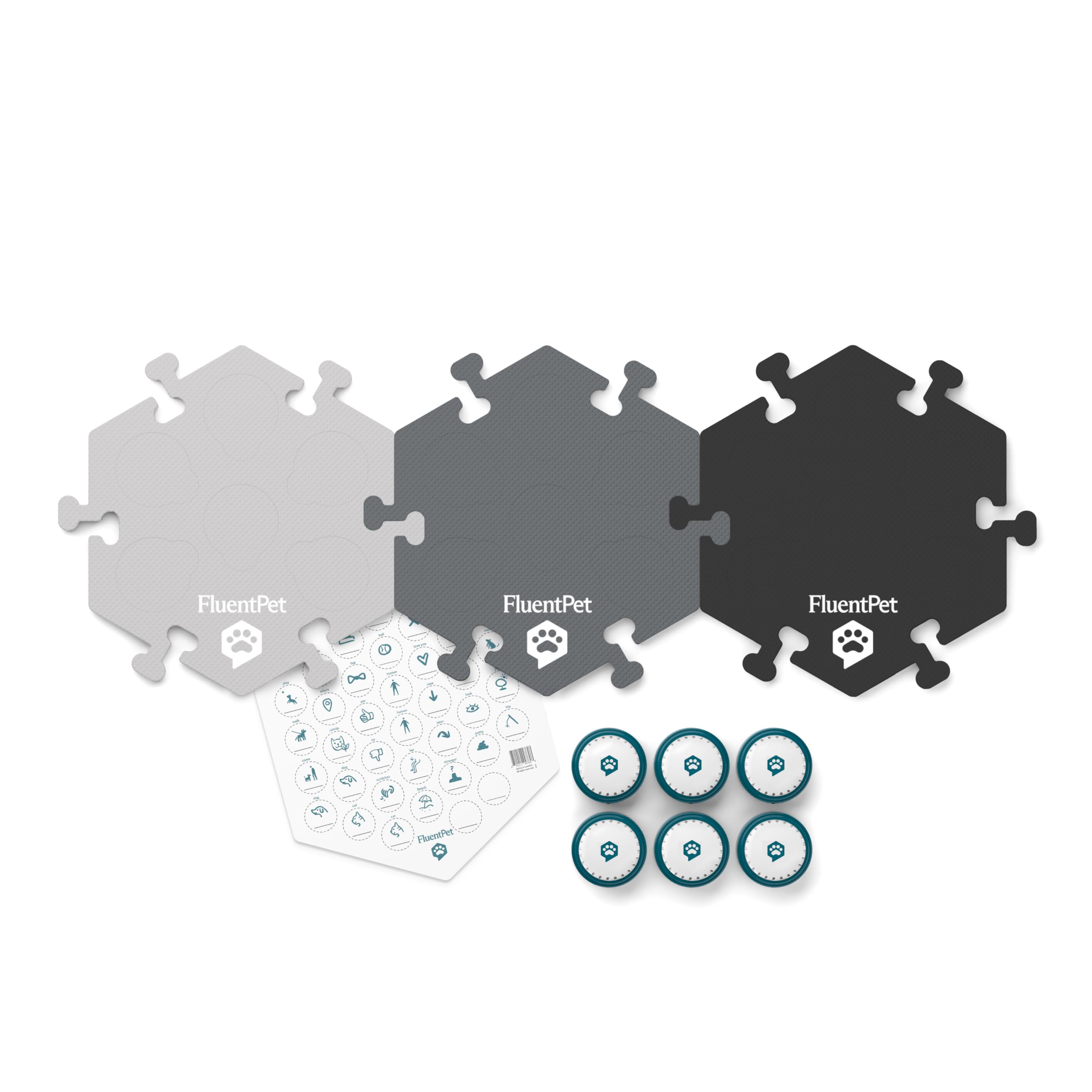FluentPet Speak Up! HexTiles setup demonstrating modular mats for growing vocabularies.