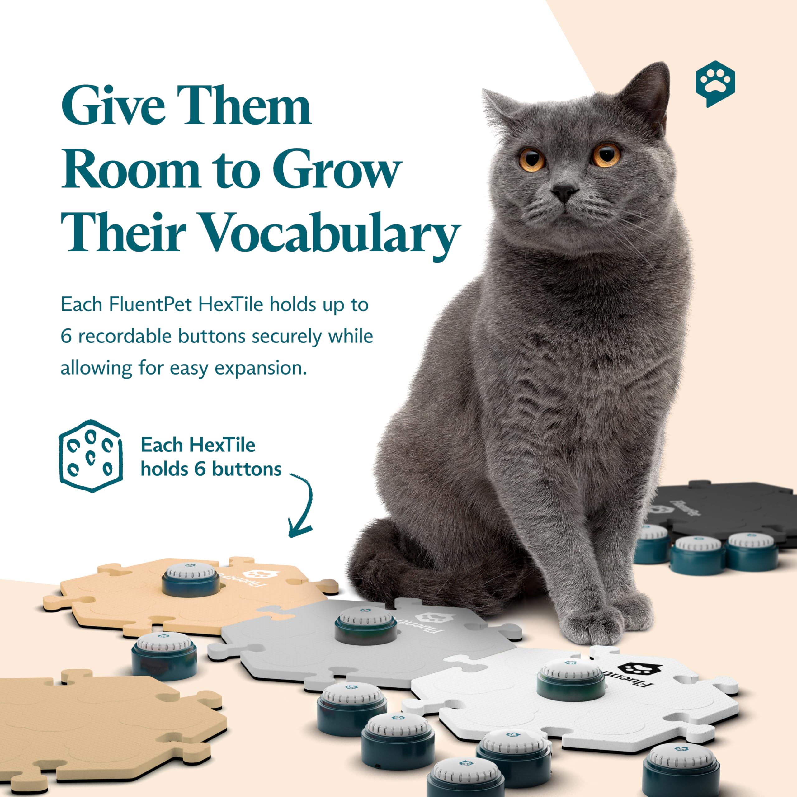 FluentPet Speak Up hextiles layout demonstrates category-driven word organization for faster learning.