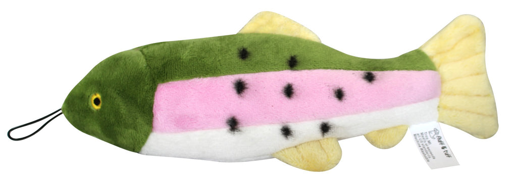 Fluff & Tuff Burt the Lake Trout plush toy ready for long fetch and tug.