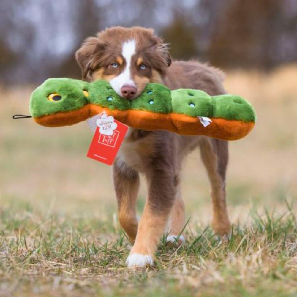 Fluff & Tuff Katie the Caterpillar double-stitched-seams detail demonstrates reinforced construction for resilience.