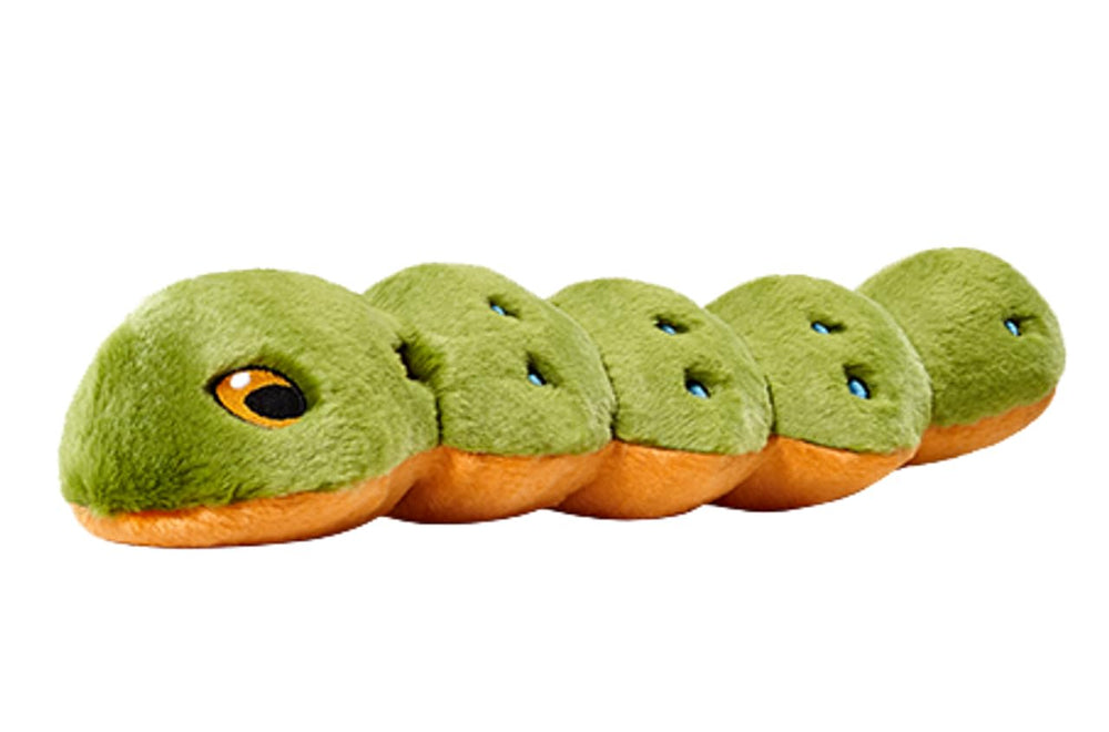 Fluff & Tuff Katie the Caterpillar eyes-detail highlights embroidered safety eyes for gentle chewing.